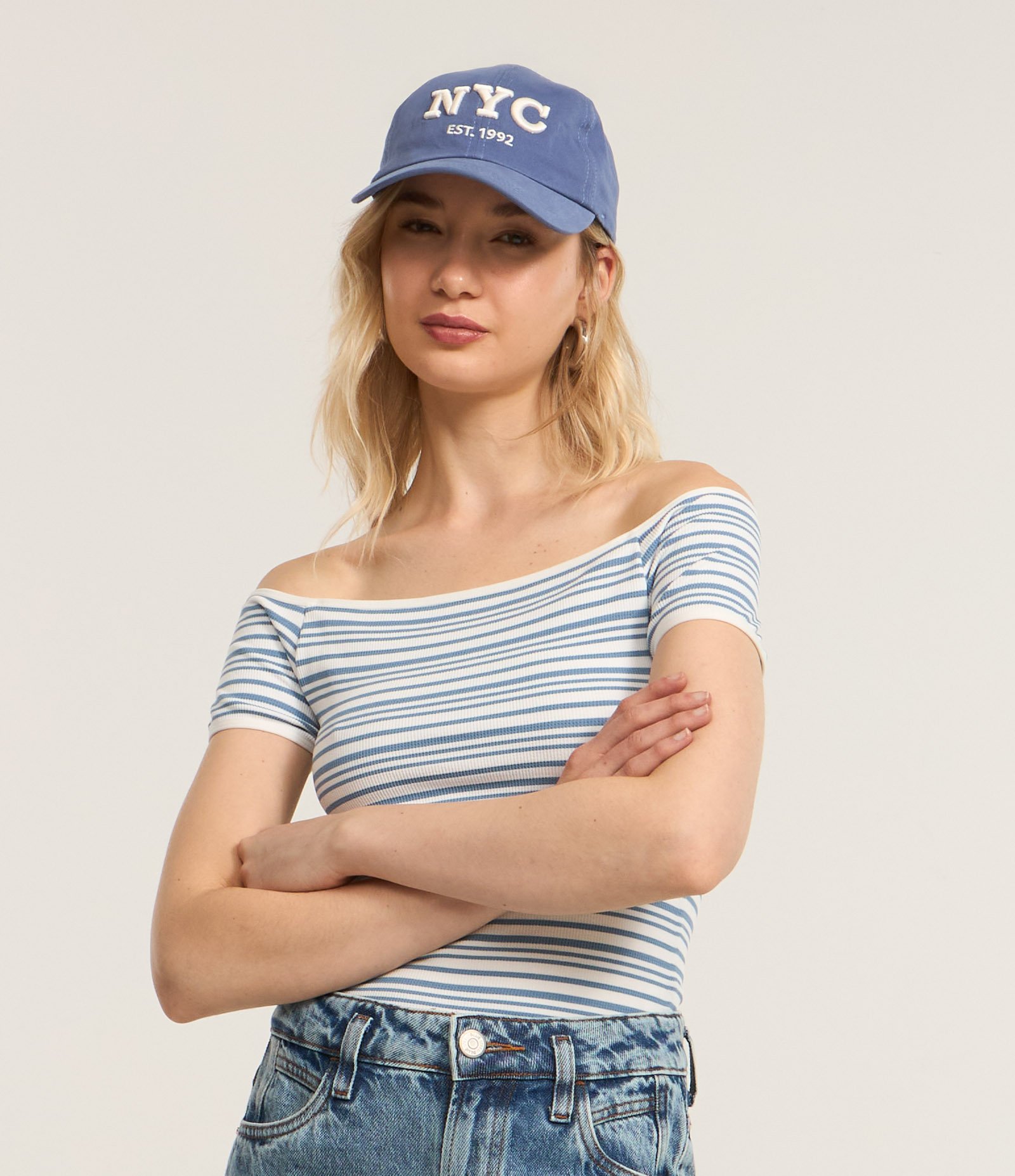 Blusa Ombro a Ombro em Seamless com Listras Azul 1