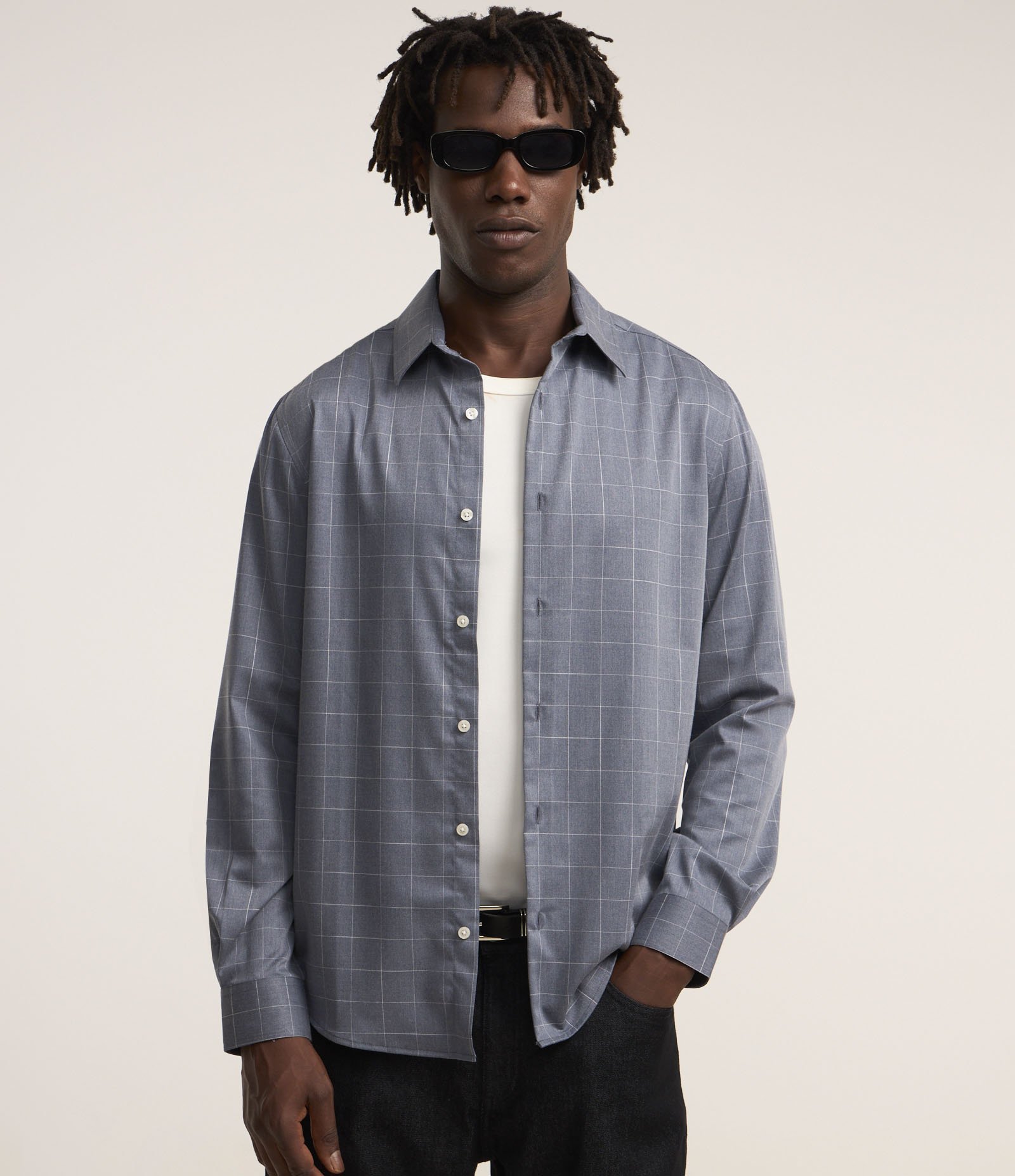 Camisa Regular com Fibra de Bambu e Estampa Xadrez Cinza Azulado 1