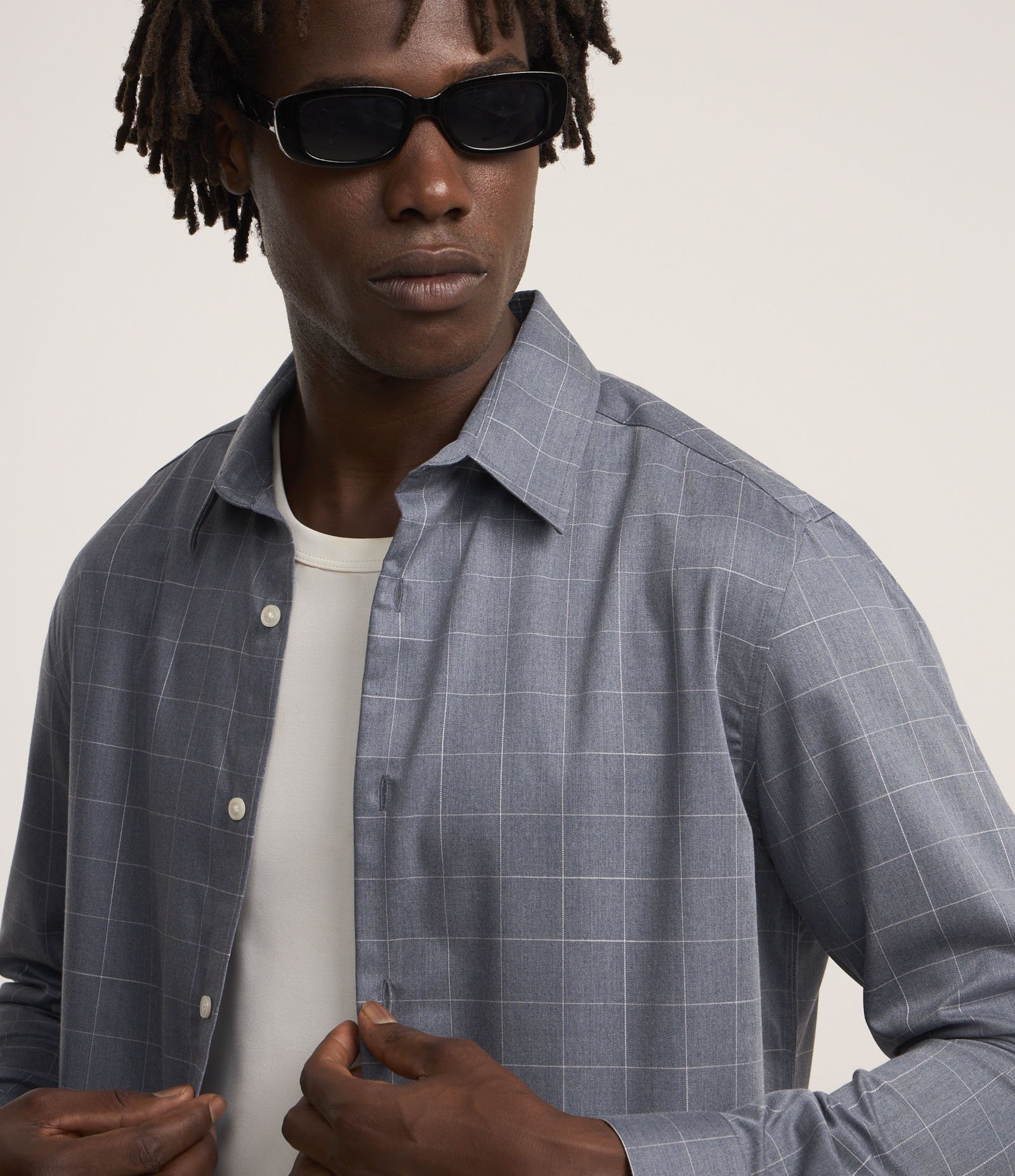Camisa Regular com Fibra de Bambu e Estampa Xadrez Cinza Azulado 3