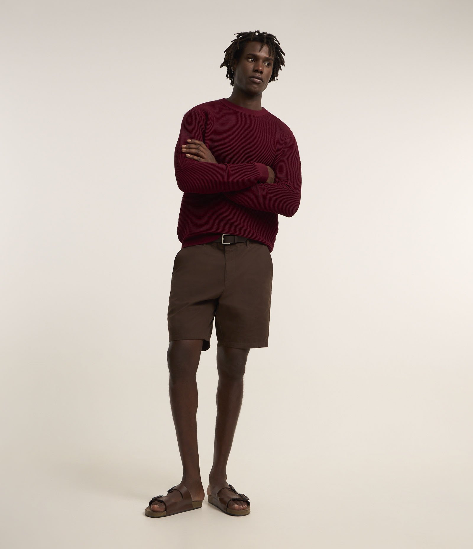 Suéter em Tricô Leve com Texturas Horizontais Vermelho Escuro 2