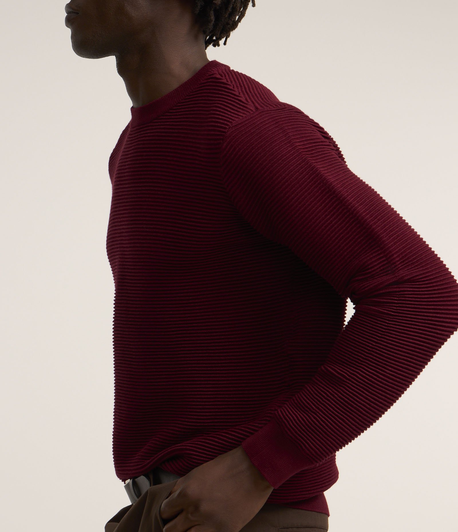 Suéter em Tricô Leve com Texturas Horizontais Vermelho Escuro 3