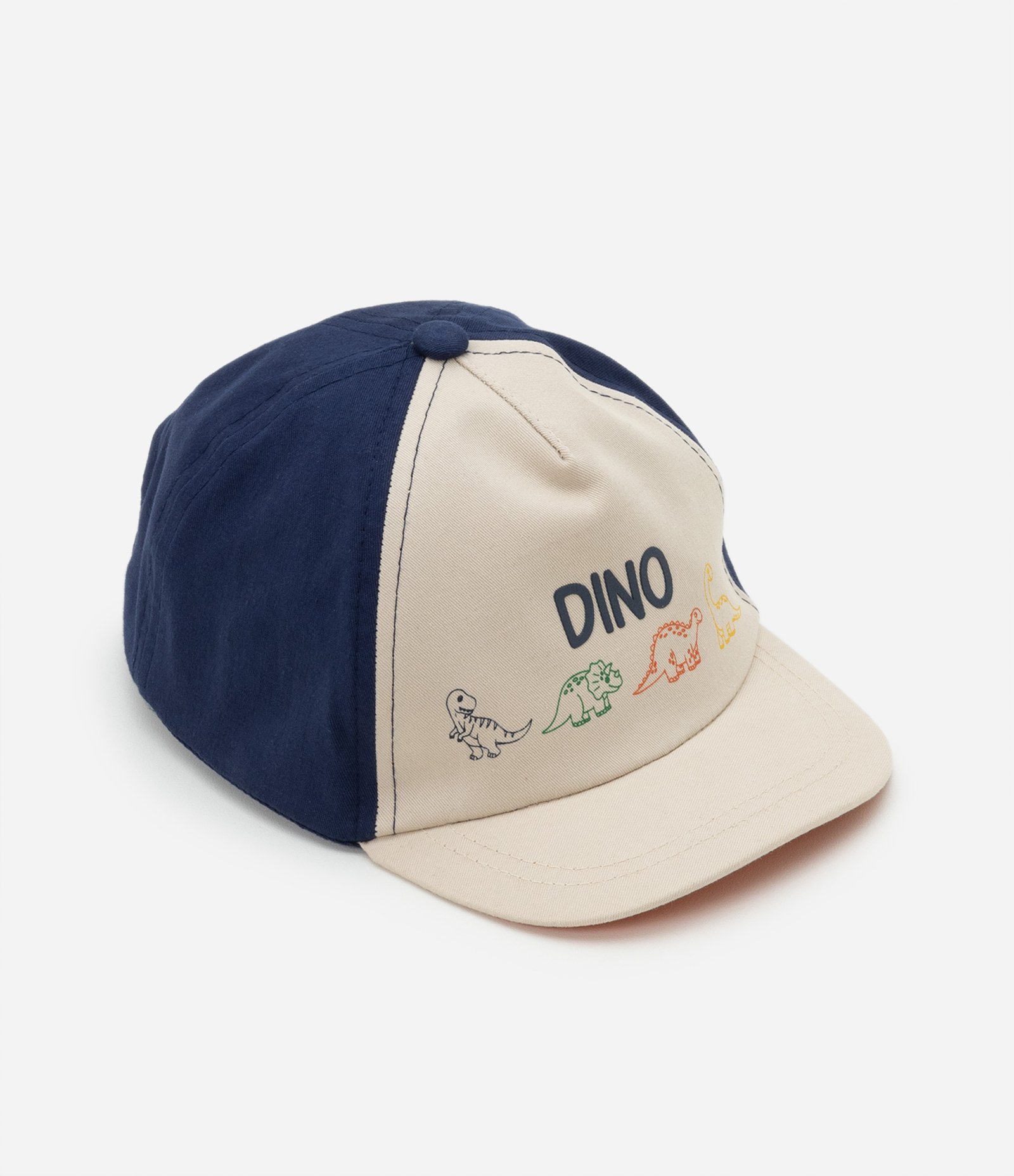 Boné Infantil em Sarja Bicolor com Estampa Dino - Tam U Azul/Bege 1