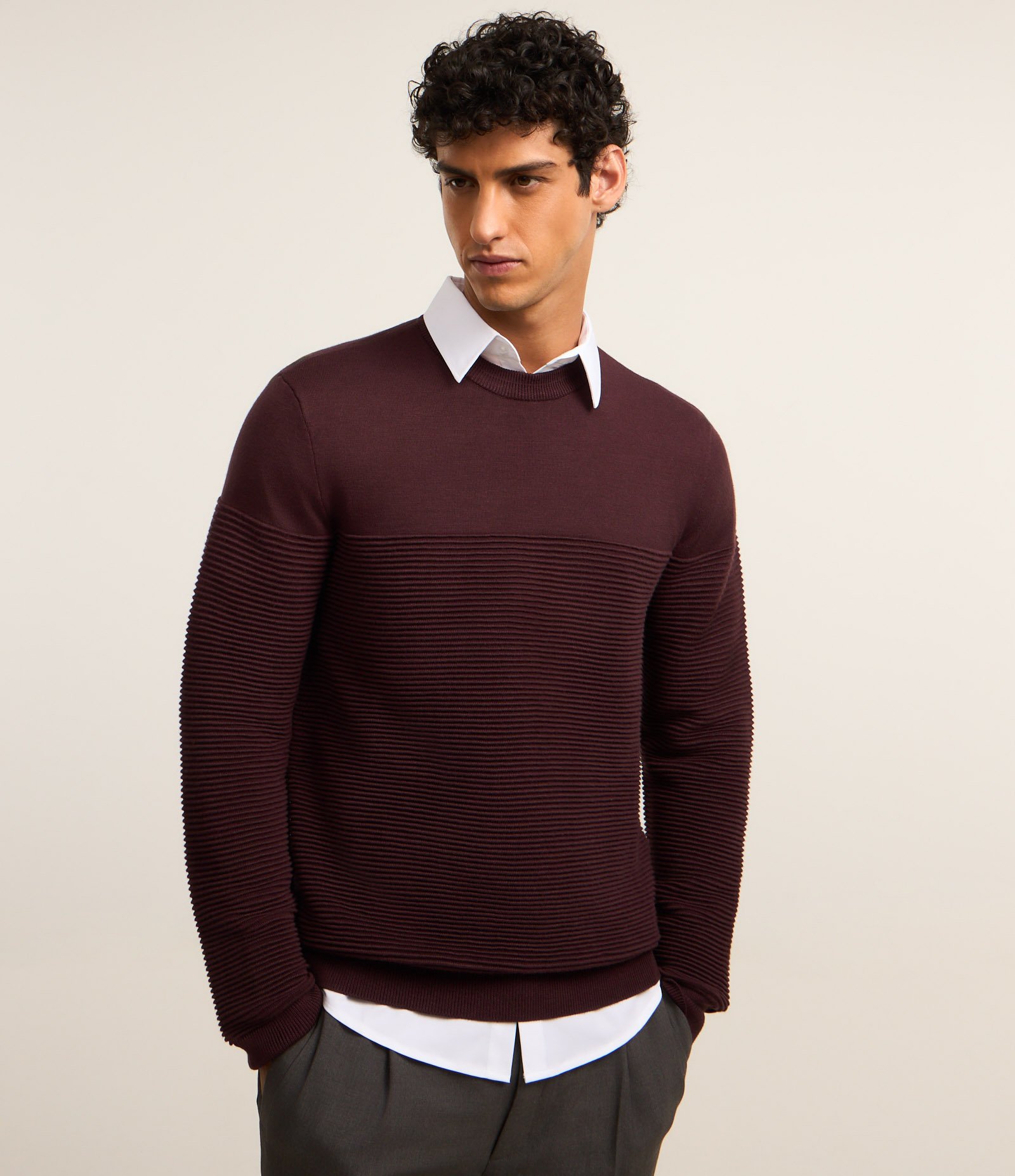 Suéter em Tricô com Textura em Nervuras Marrom 1