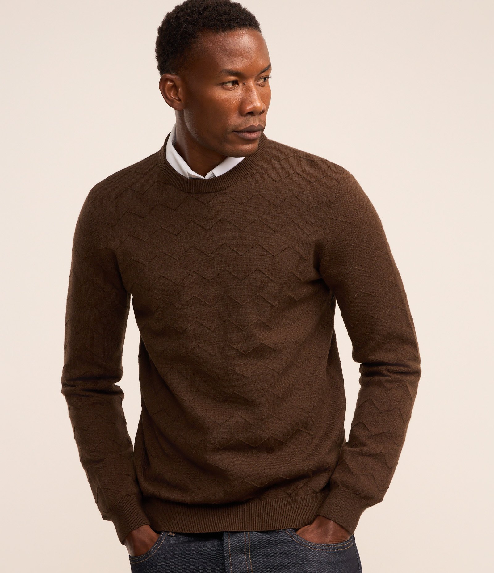 Suéter em Tricô com Textura Zig Zag Marrom 1