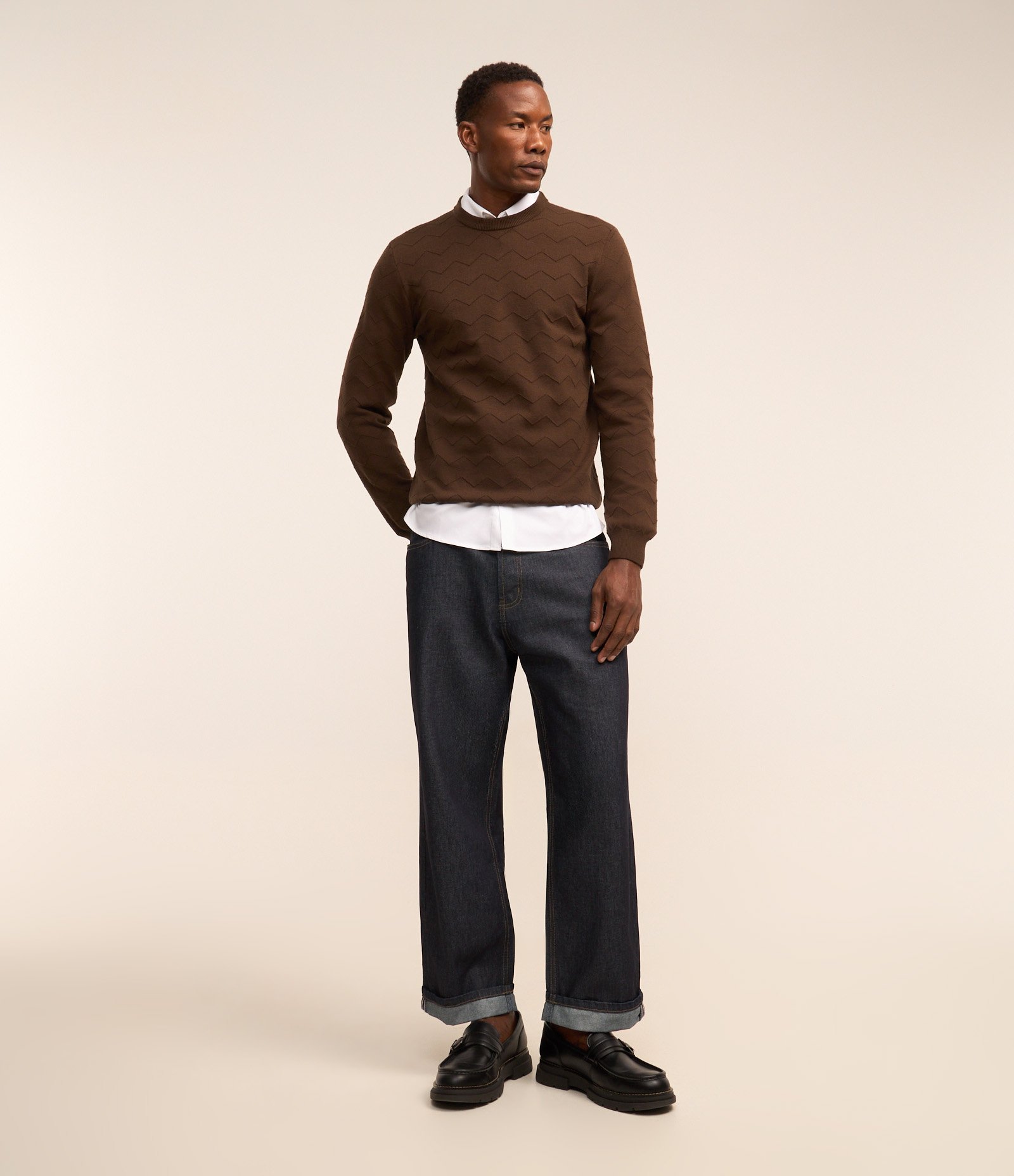 Suéter em Tricô com Textura Zig Zag Marrom 2