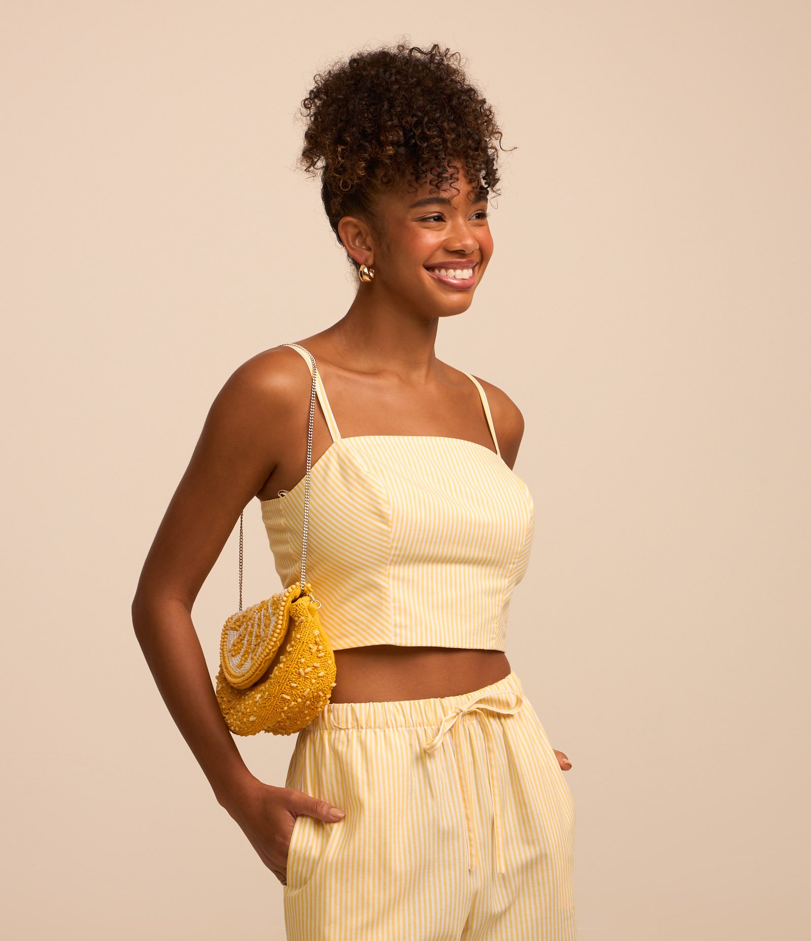 Blusa Cropped em Tricoline Listrada com Fio Tinto Amarelo 1