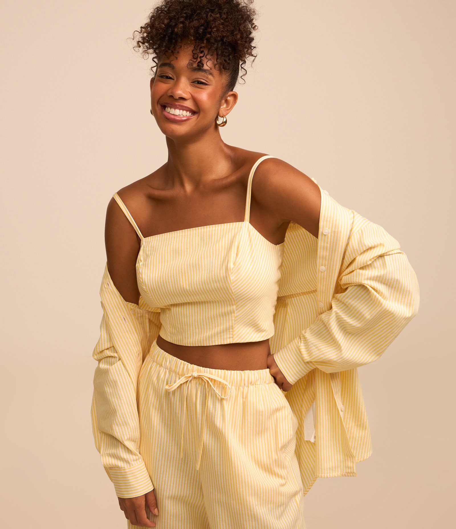 Blusa Cropped em Tricoline Listrada com Fio Tinto Amarelo 5