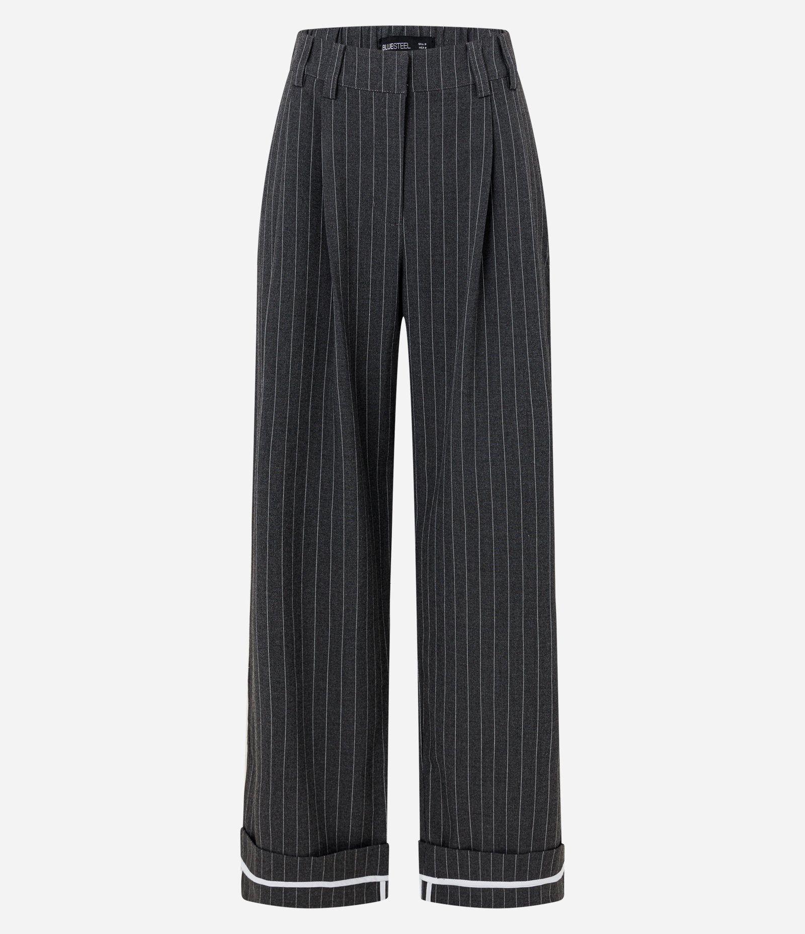Calça Wide Leg em Alfaiataria com Listras e Barra Dobrada Cinza 6