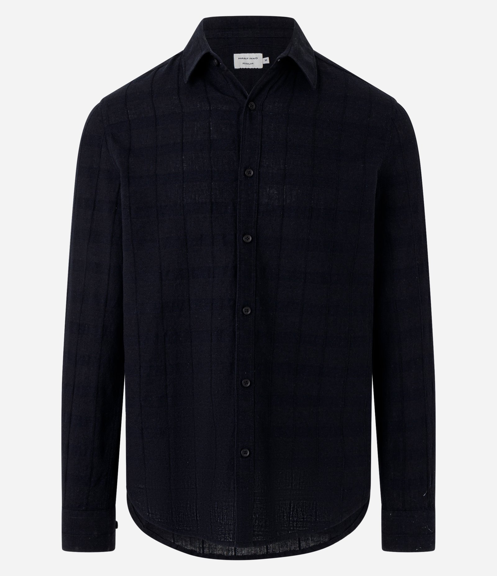 Camisa Regular em Linho com Textura Grid e Manga Longa Preto 1