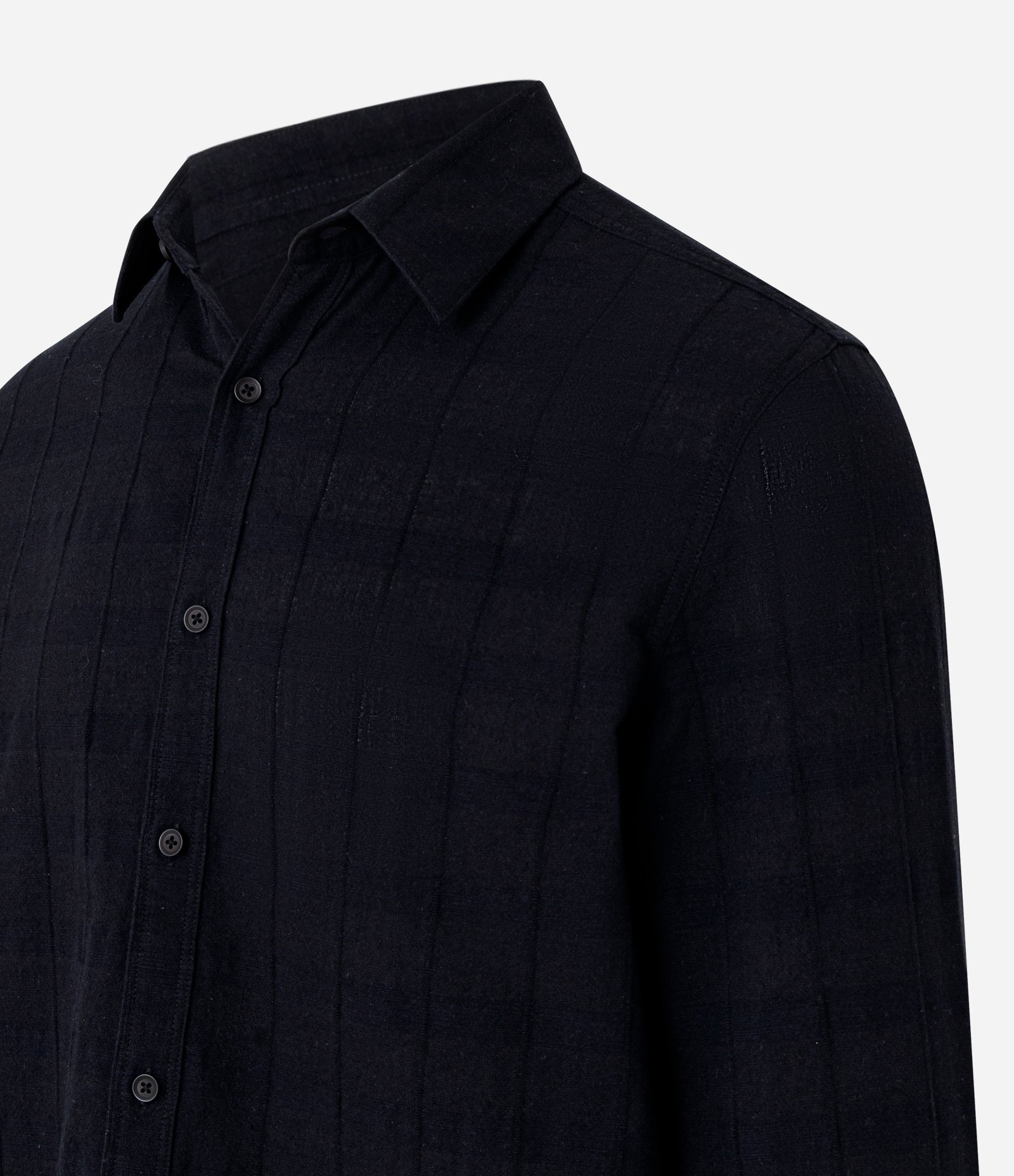 Camisa Regular em Linho com Textura Grid e Manga Longa Preto 2
