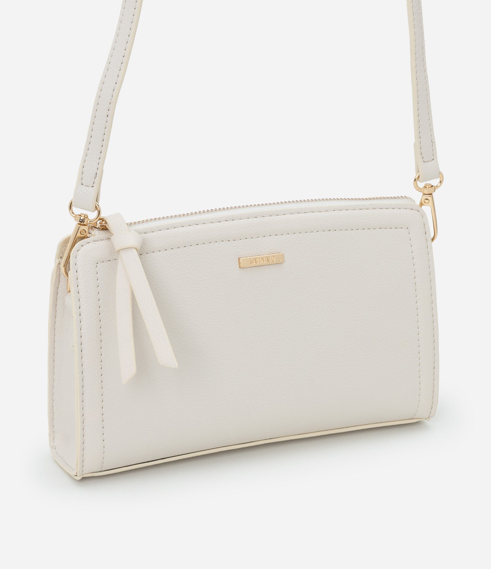 Bolsa Transversal Pequena em PU com Zíper Off White 1