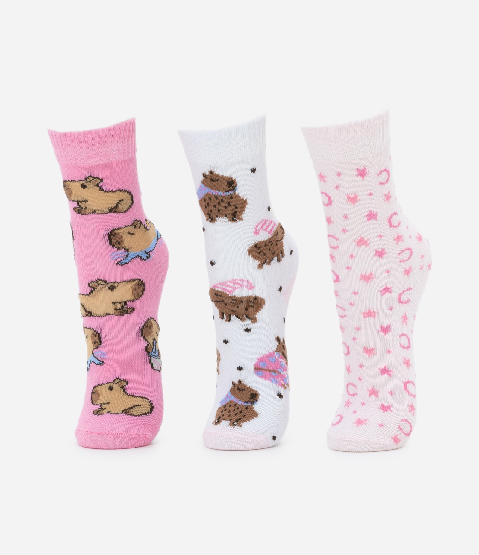 Kit 03 Meias Infantis em Algodão Estampa Capivara 0 Tam 23 ao 34 Rosa 1