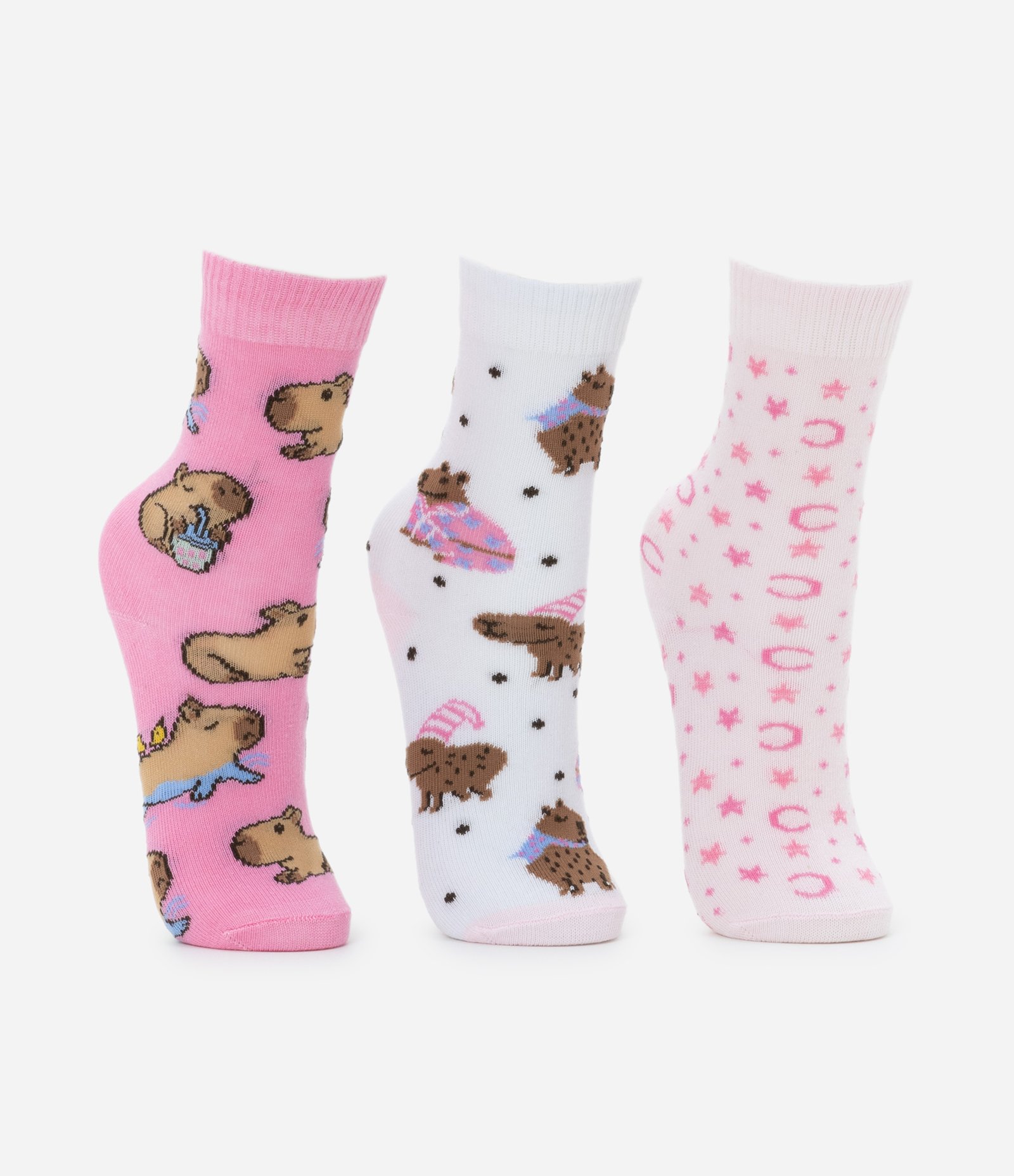 Kit 03 Meias Infantis em Algodão Estampa Capivara 0 Tam 23 ao 34 Rosa 2