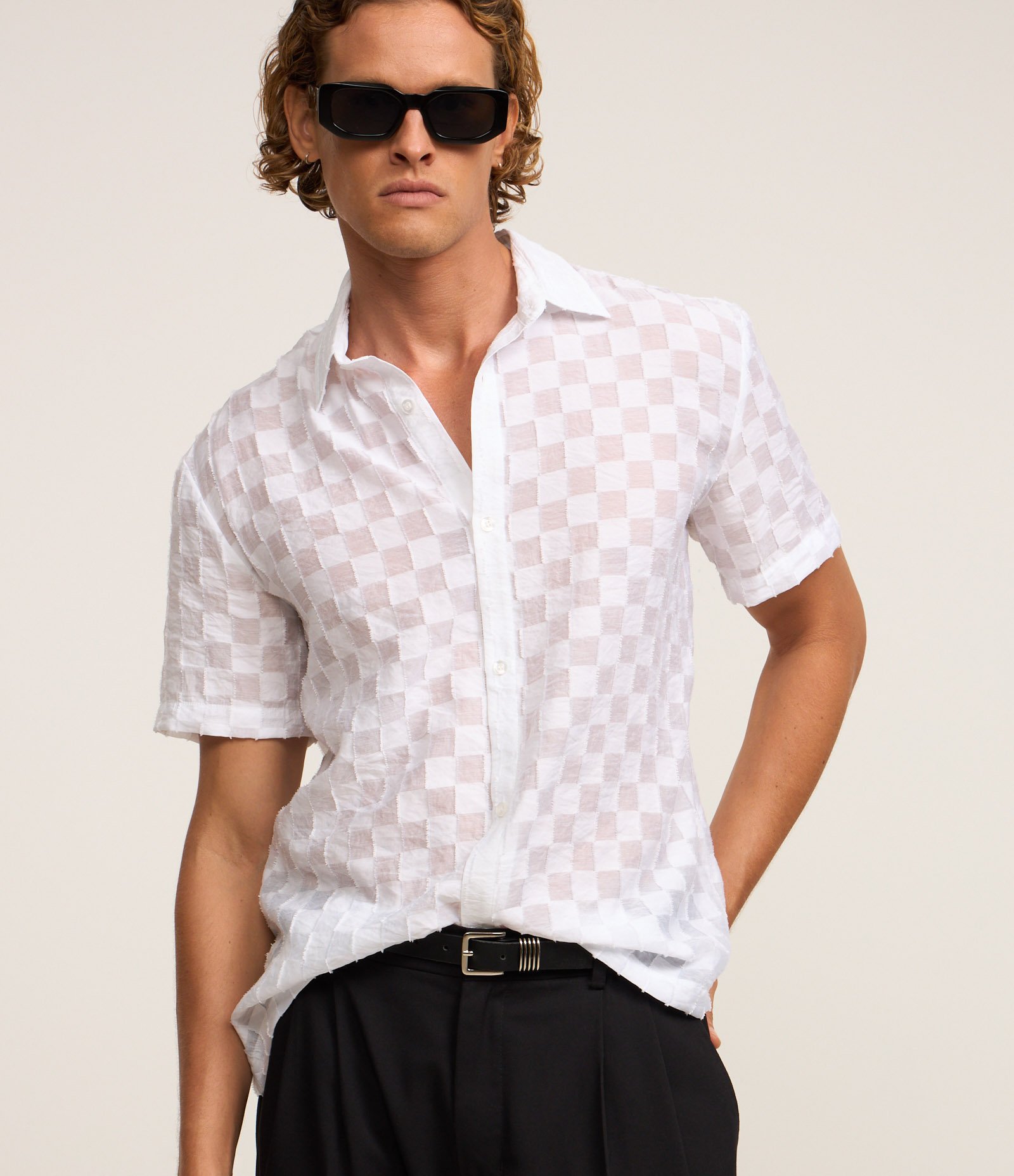 Camisa em Algodão com Estampa Xadrez e Textura Branco 1