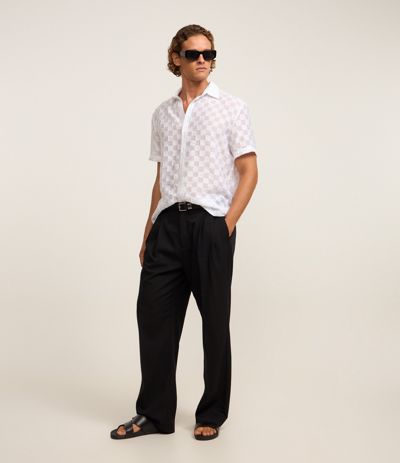 Camisa em Algodão com Estampa Xadrez e Textura Branco 2