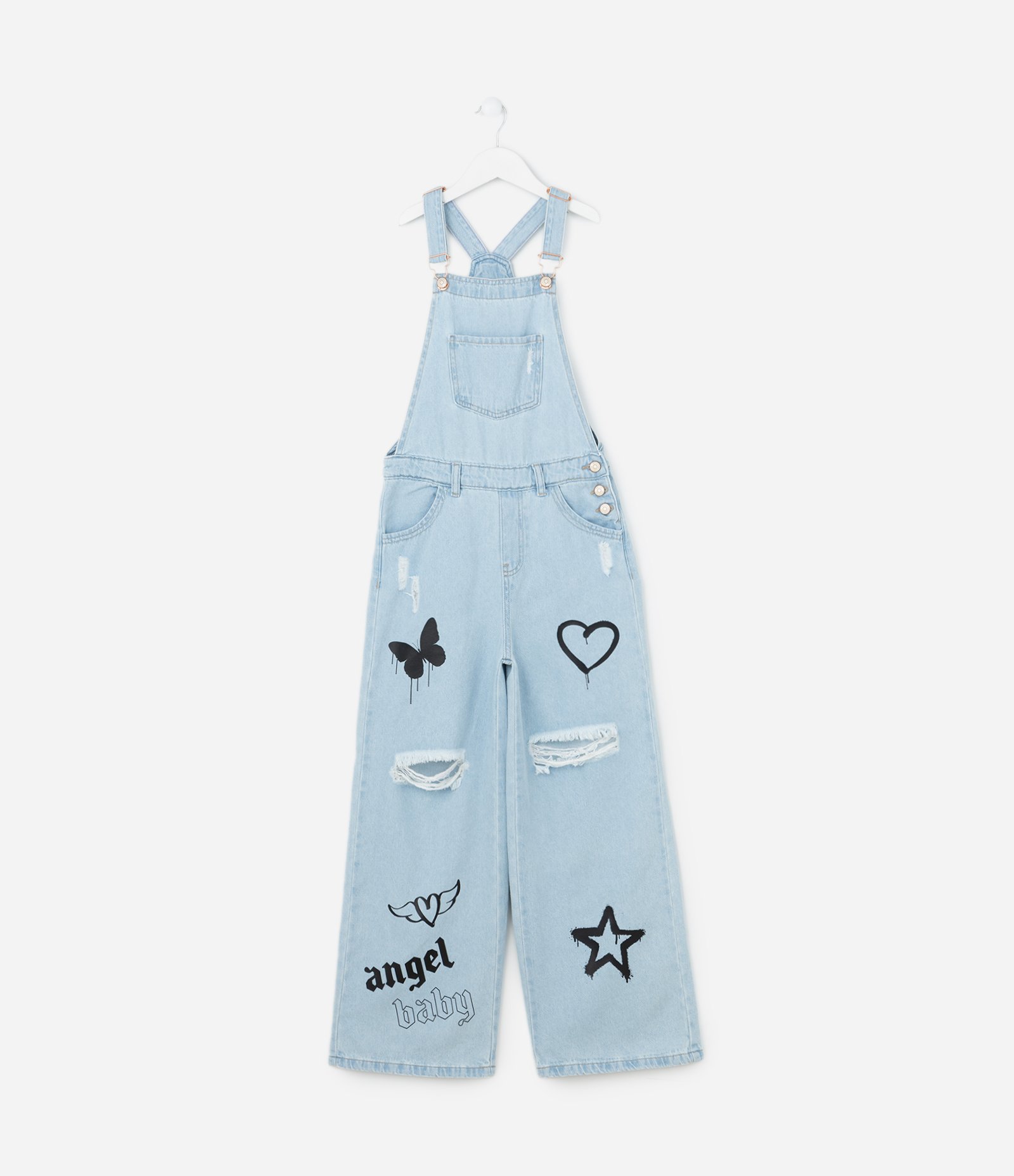 Jardineira Infantil Jeans com Estampa Doodles - Tam 5 a 14 Anos Azul 1