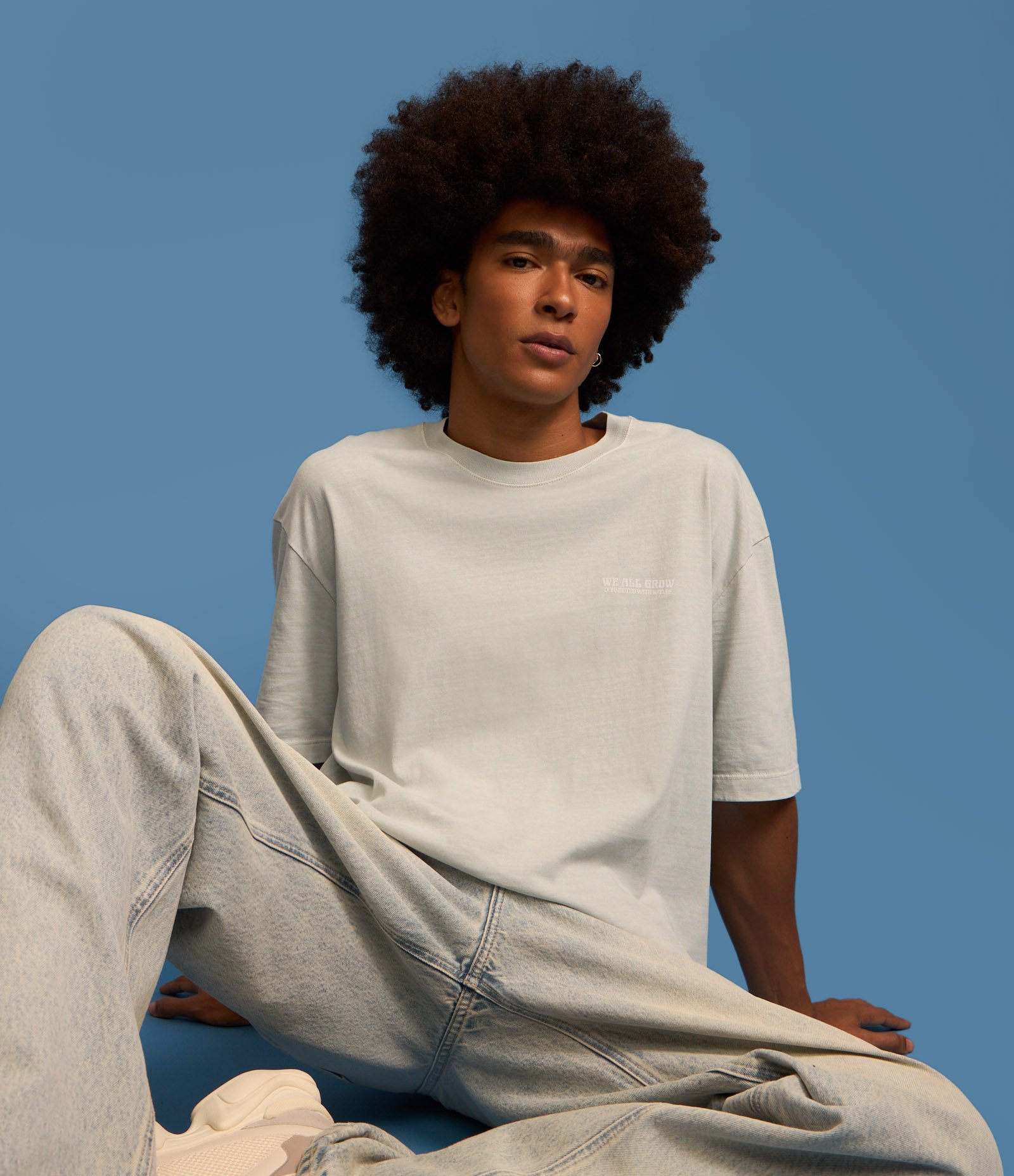 Camiseta Relaxed em Algodão com Estampa de Cogumelos Azul 1