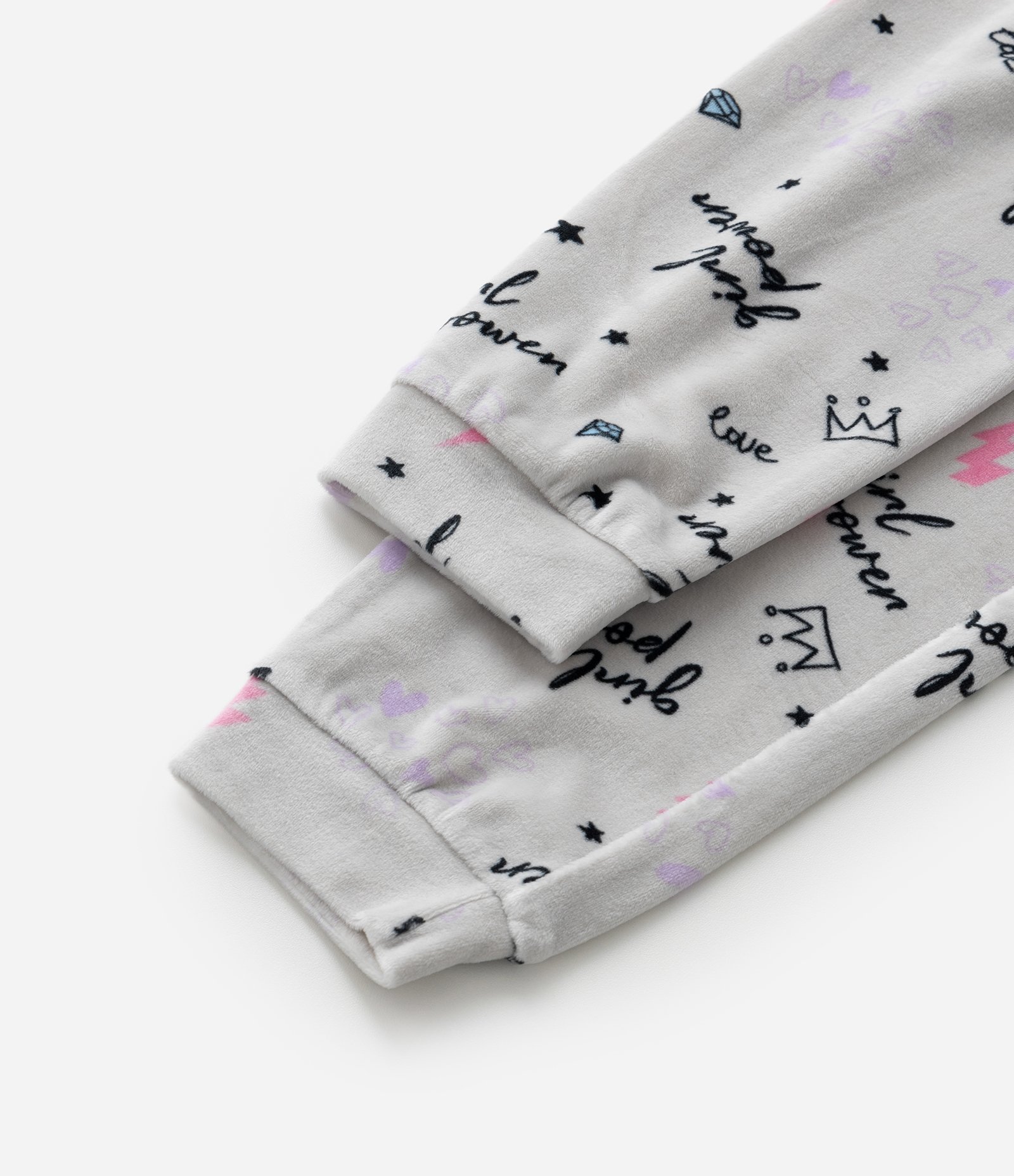 Pijama Infantil Longo em Plush com Estrela de Strass - Tam 5 ao 14 anos Preto/Cinza 9