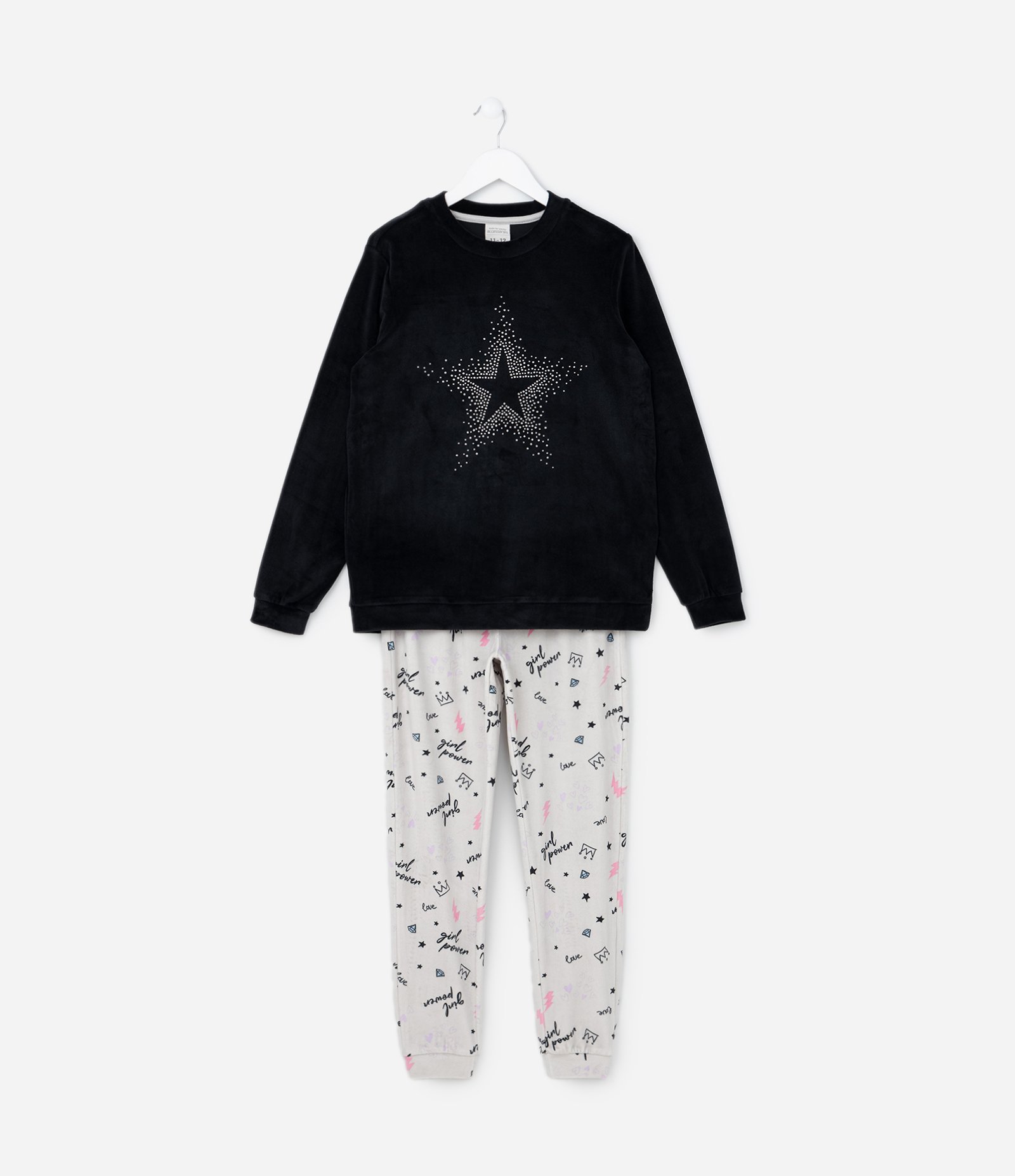 Pijama Infantil Longo em Plush com Estrela de Strass - Tam 5 ao 14 anos Preto/Cinza 1