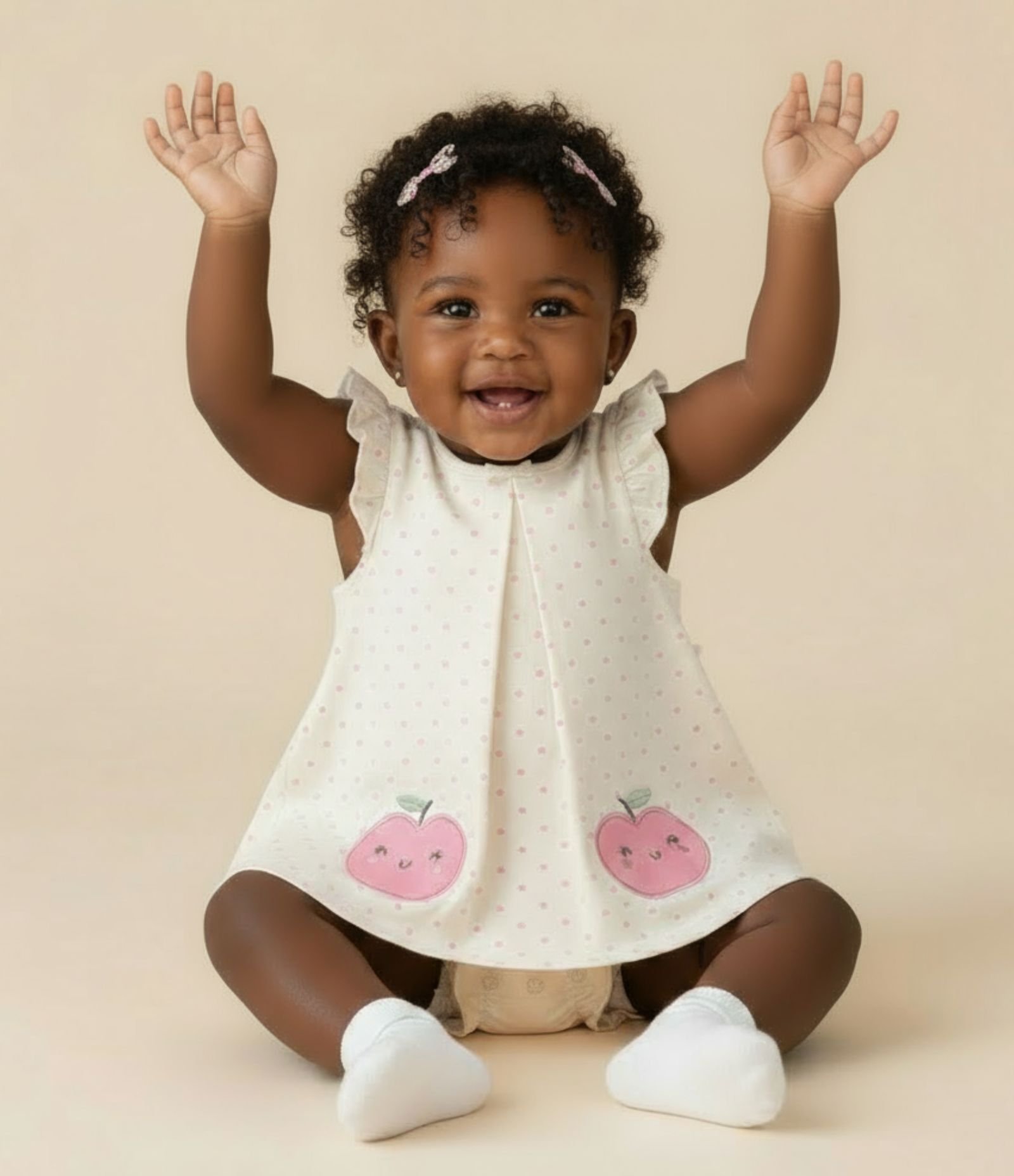 Vestido Body Infantil com Bordado Maçãzinha - Tam 0 a 18 meses Bege 1