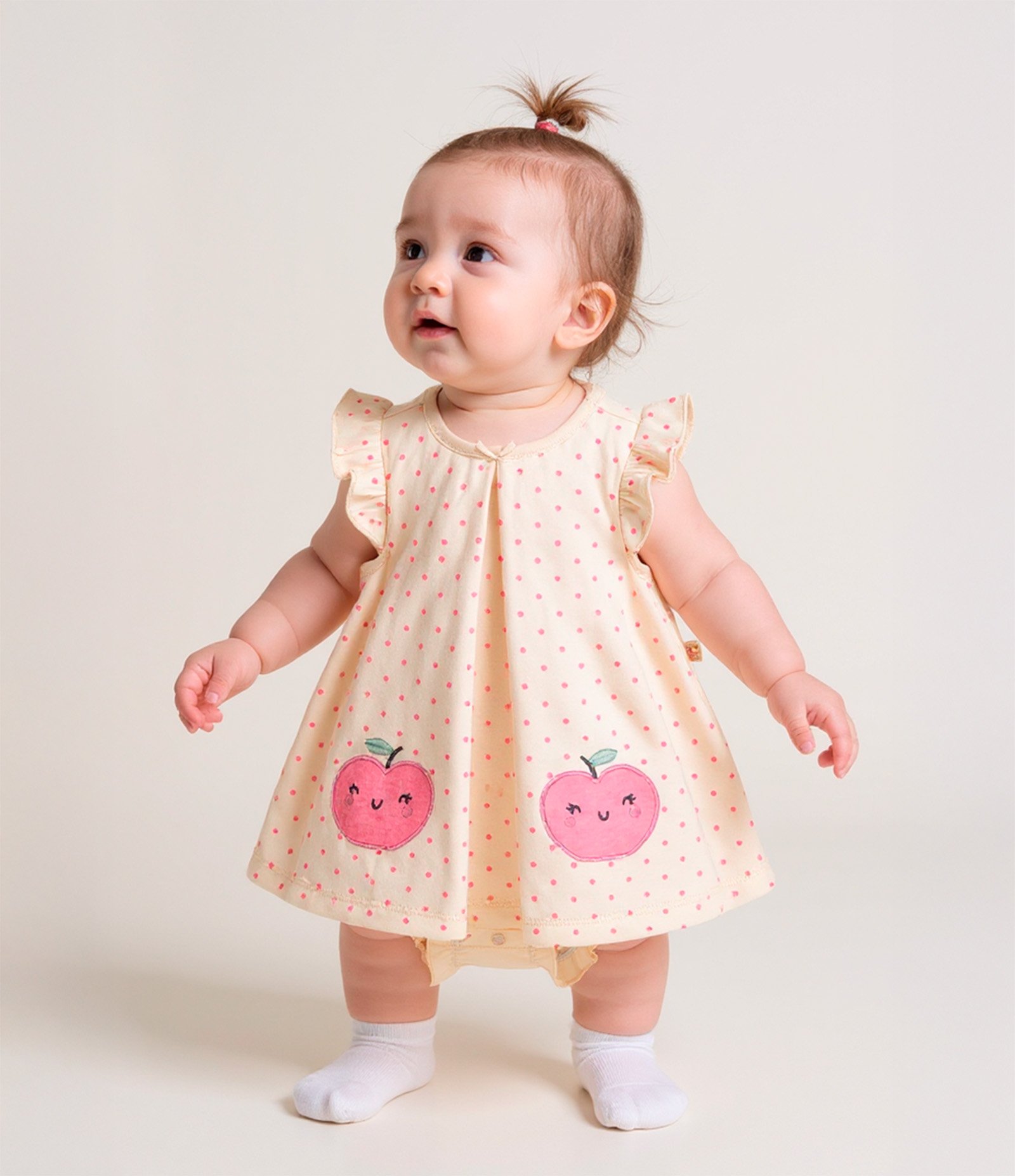 Vestido Body Infantil com Bordado Maçãzinha - Tam 0 a 18 meses Bege 2