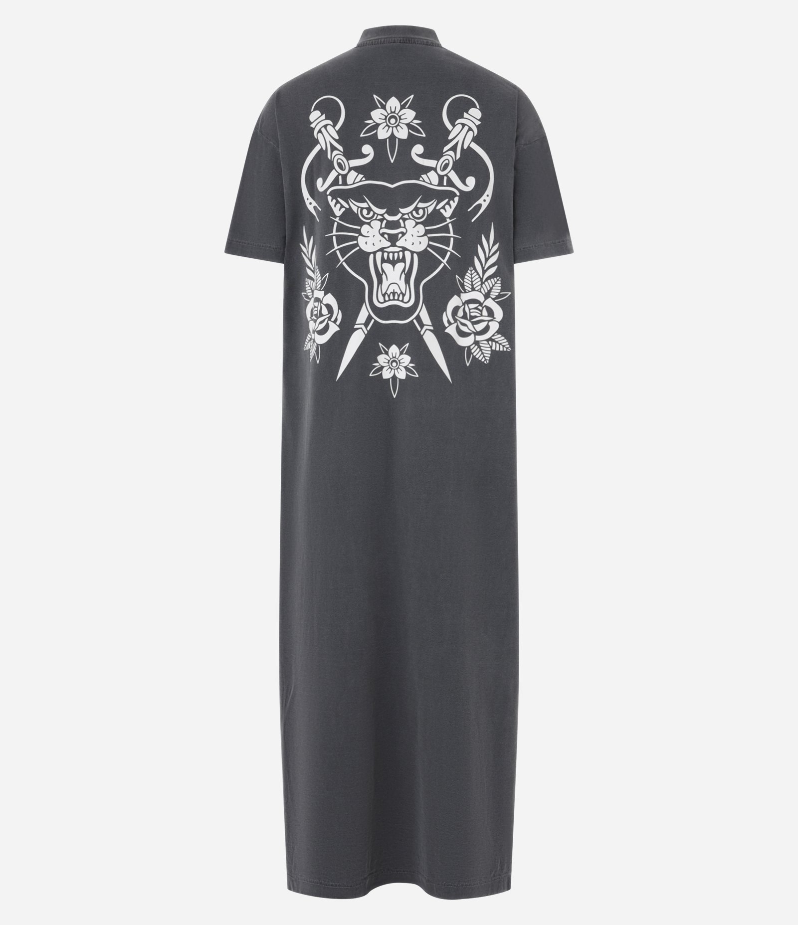 Vestido Midi em Algodão Estonado com Fenda Lateral e Estampa Pantera Preto 7