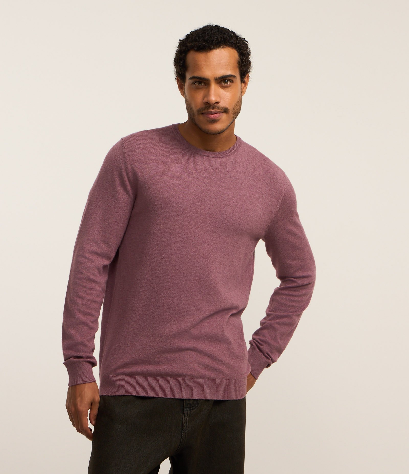 Suéter Básico em Efeito Tricô com Acabamento Canelado Roxo 1