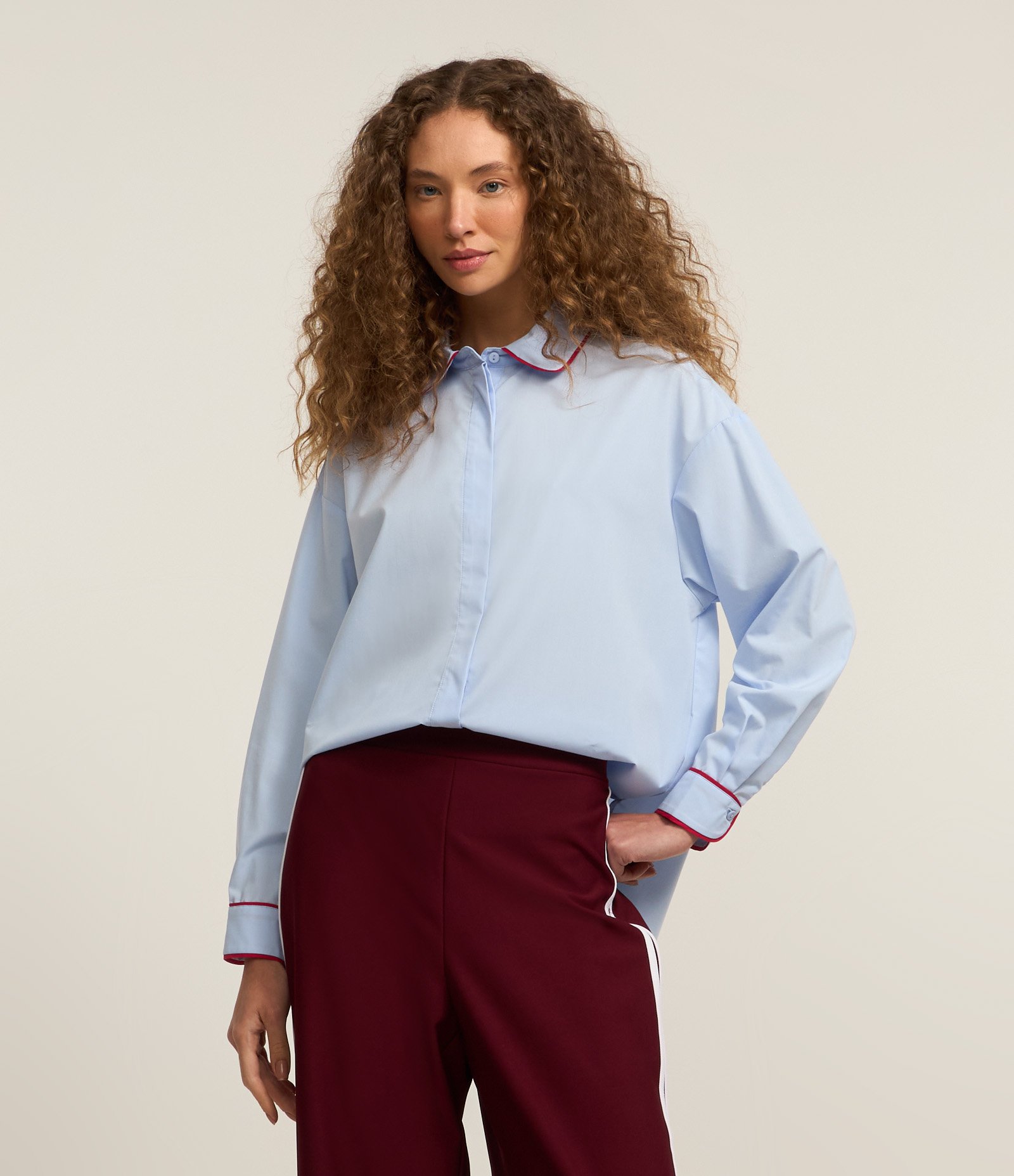 Camisa Oversized em Tricoline com Detalhe Contrastante Azul 1