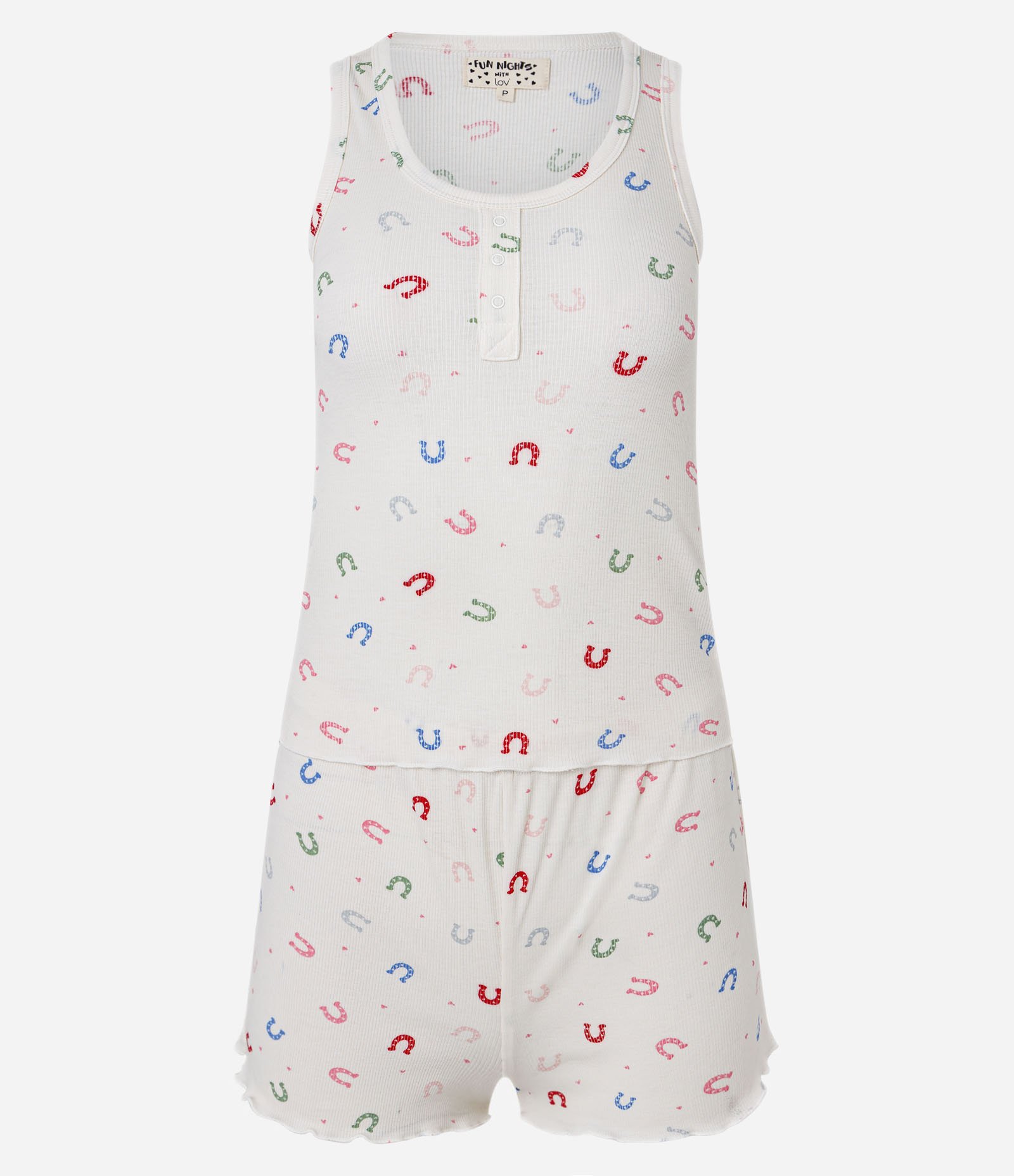 Pijama Short Doll Regata Tricot Estampa Ferraduras Coloridas Branco 5