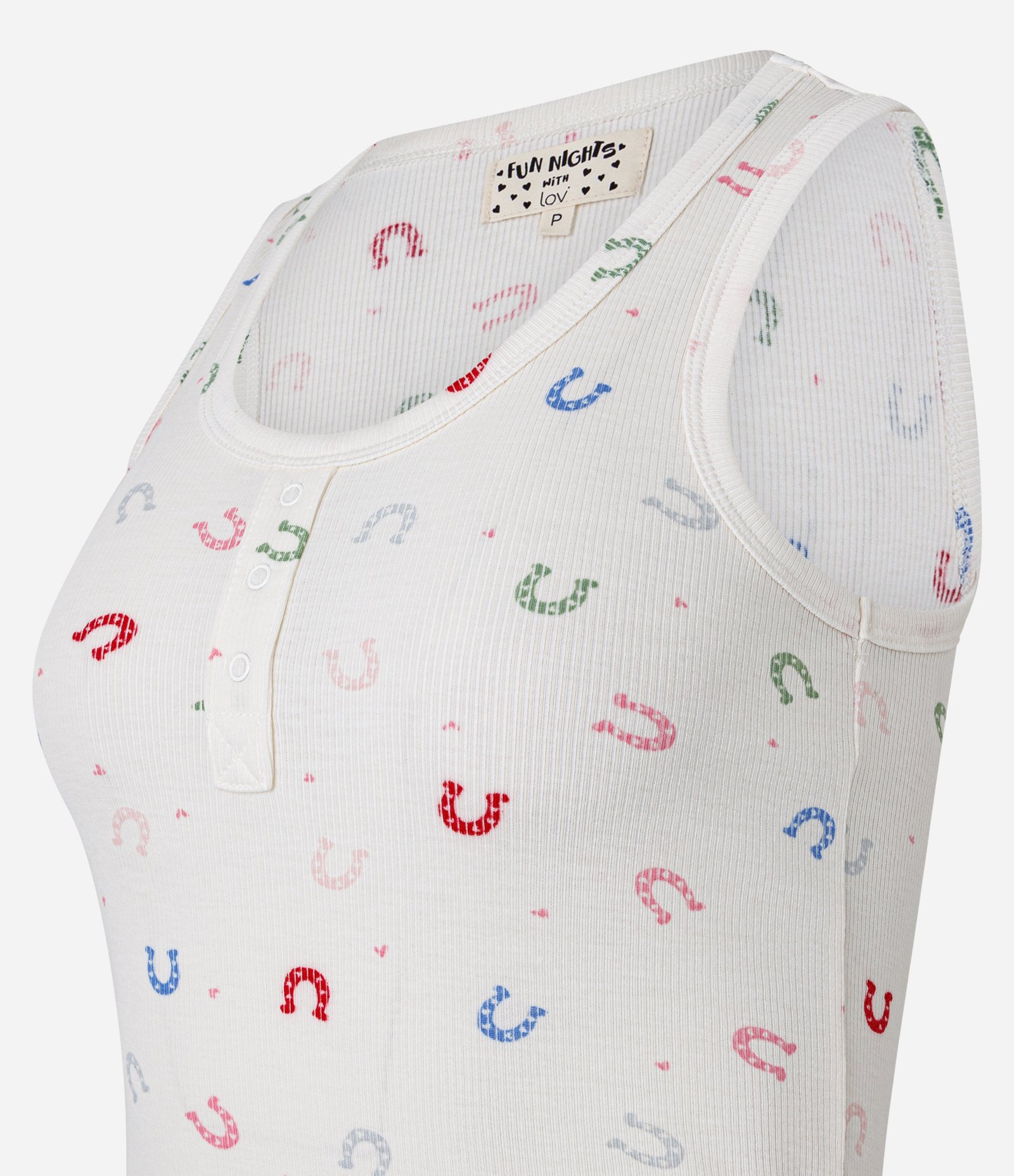 Pijama Short Doll Regata Tricot Estampa Ferraduras Coloridas Branco 7