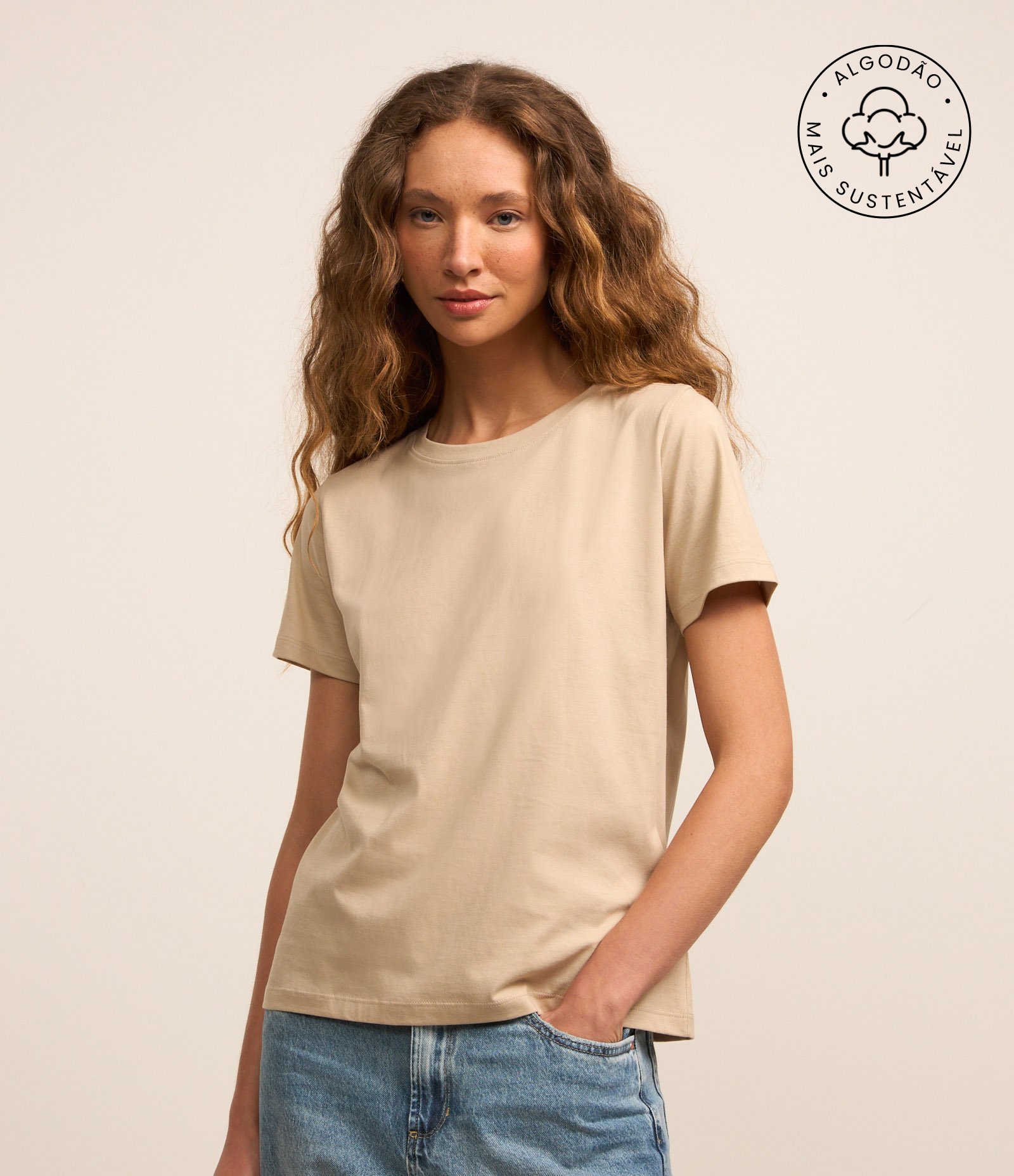 Camiseta Básica em Algodão com Manga Curta Creme 1