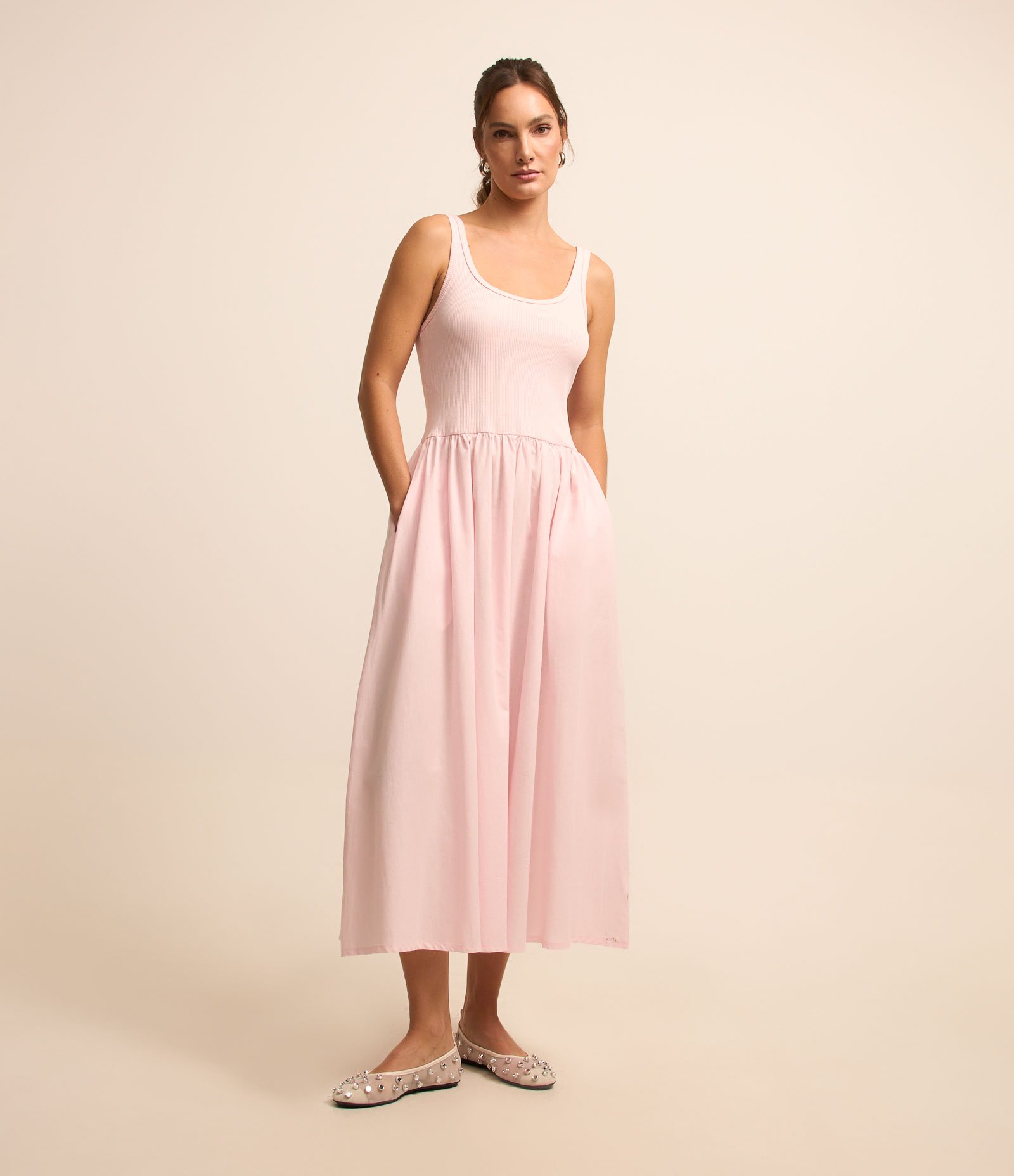 Vestido Midi em Ribana com Alça Média Rosa 1
