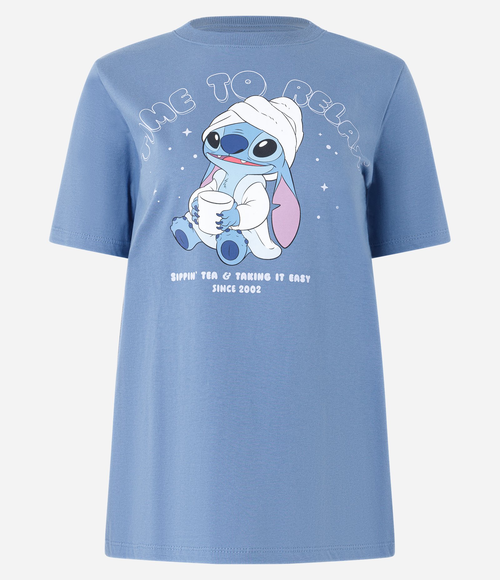 Camiseta Alongada em Algodão com Estampa Stitch Time to Relax Azul 4