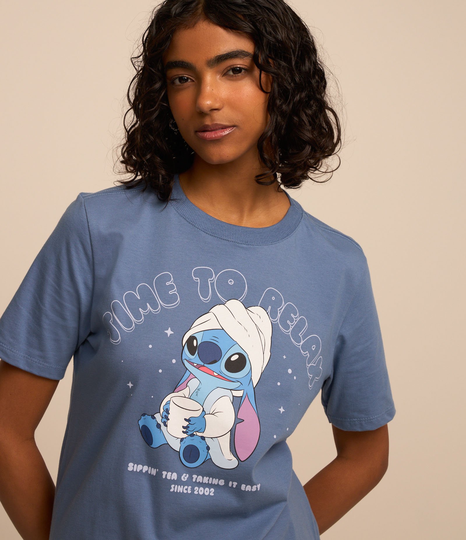 Camiseta Alongada em Algodão com Estampa Stitch Time to Relax Azul 3