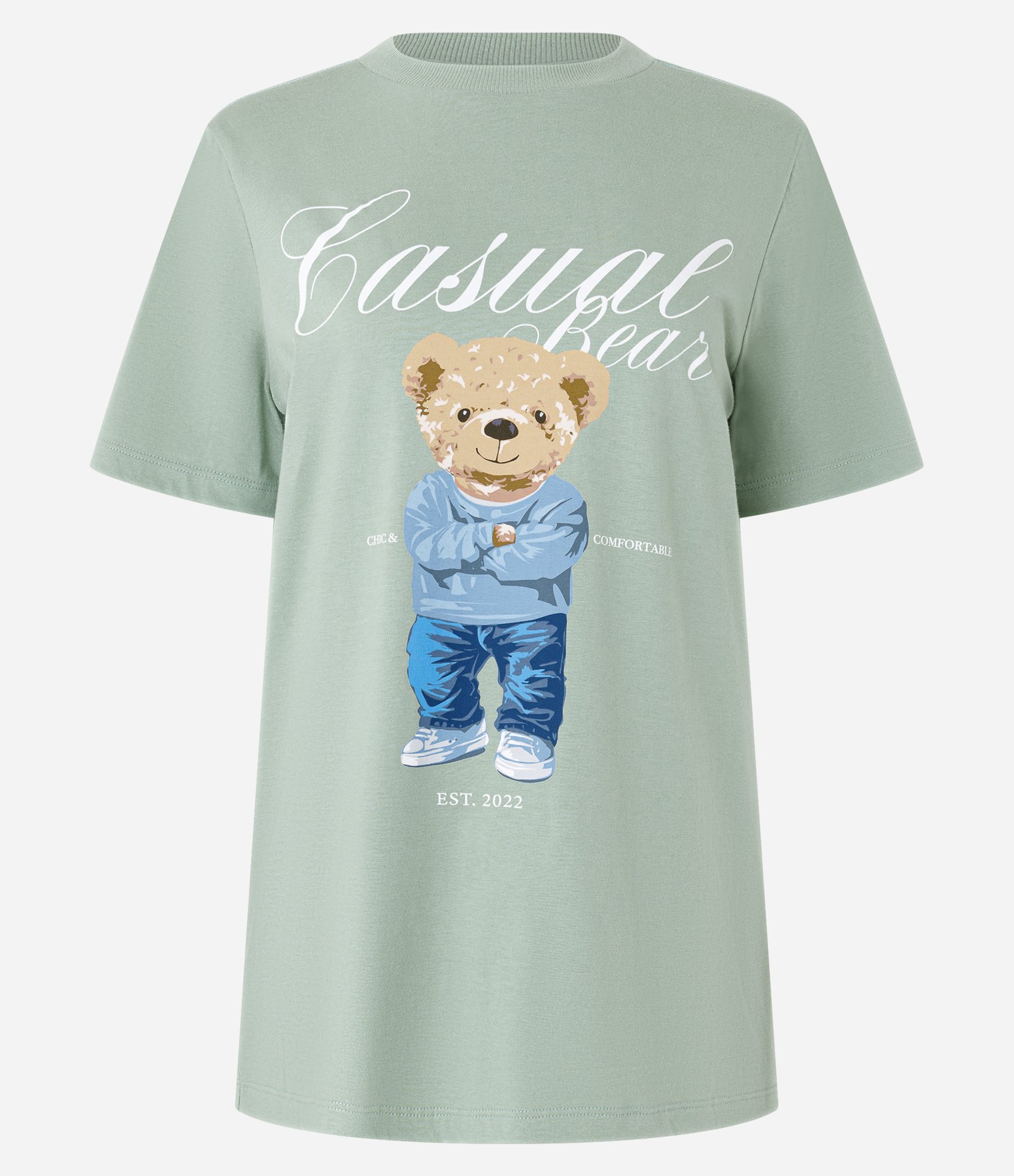 Camiseta Alongada em Algodão com Estampa Ursinho Verde 4