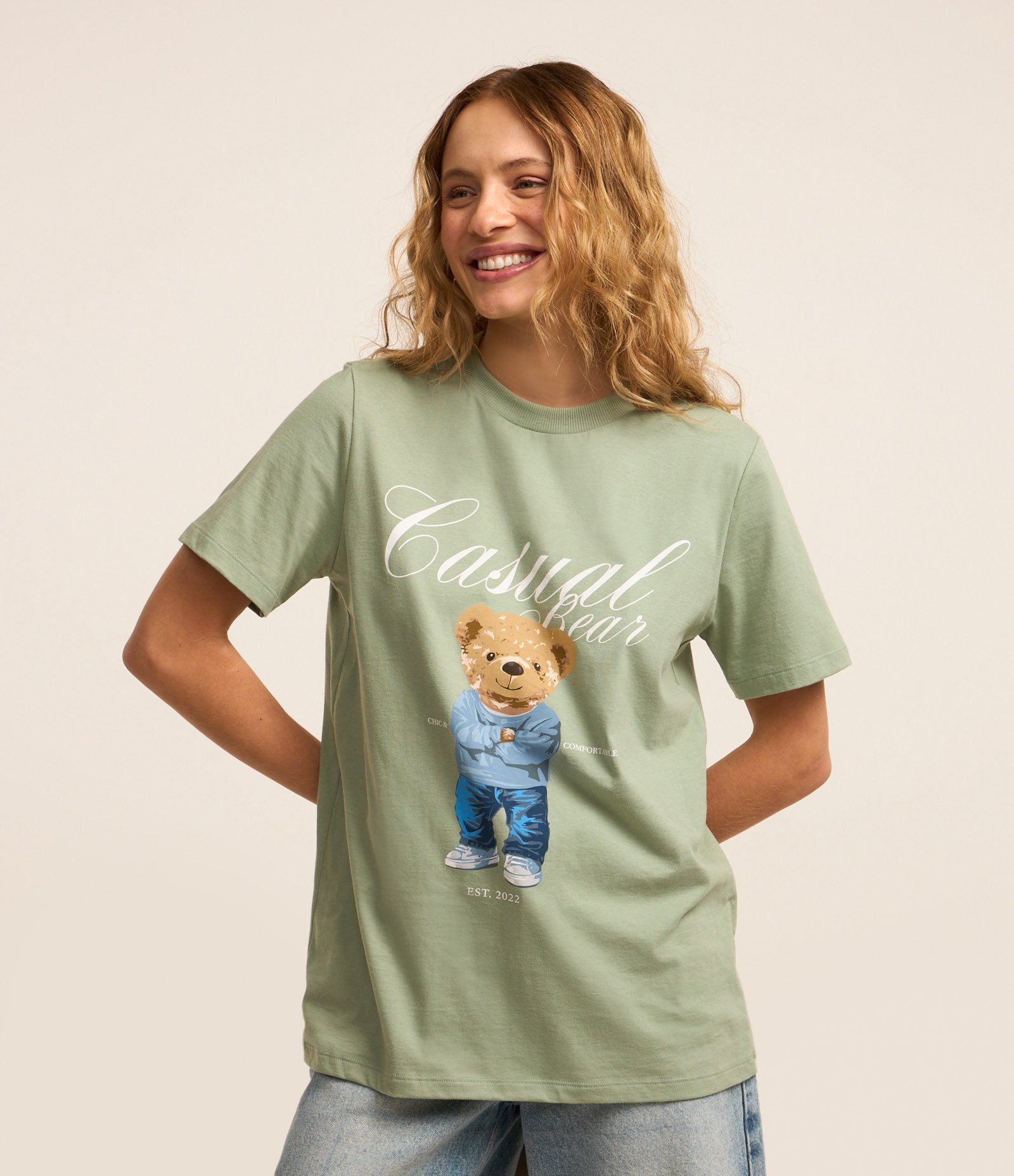 Camiseta Alongada em Algodão com Estampa Ursinho Verde 1