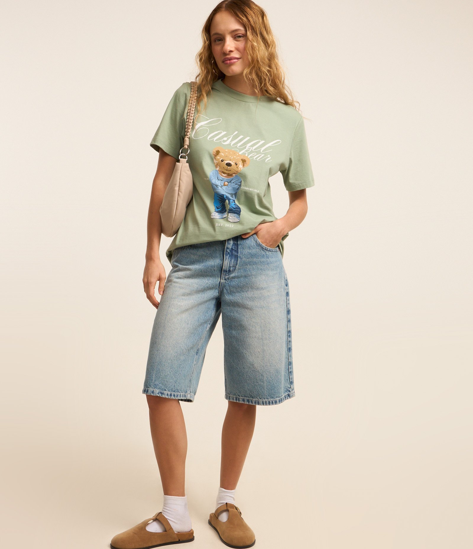 Camiseta Alongada em Algodão com Estampa Ursinho Verde 2