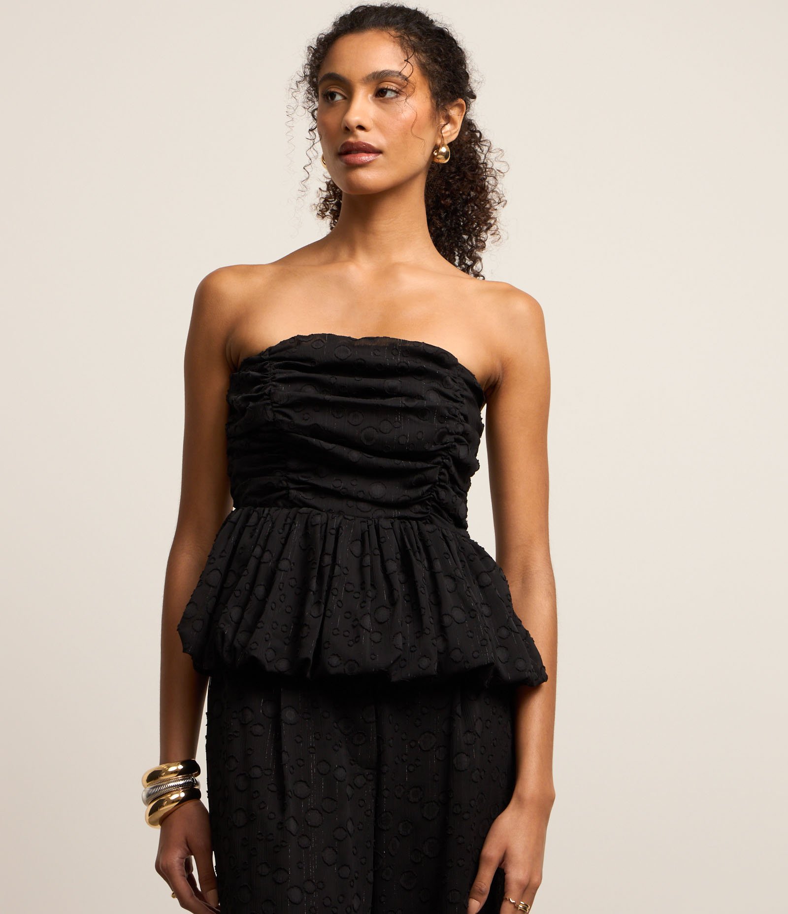 Blusa Corset em Jacquard com Textura de Círculos e Fio Metalizado Preto 1