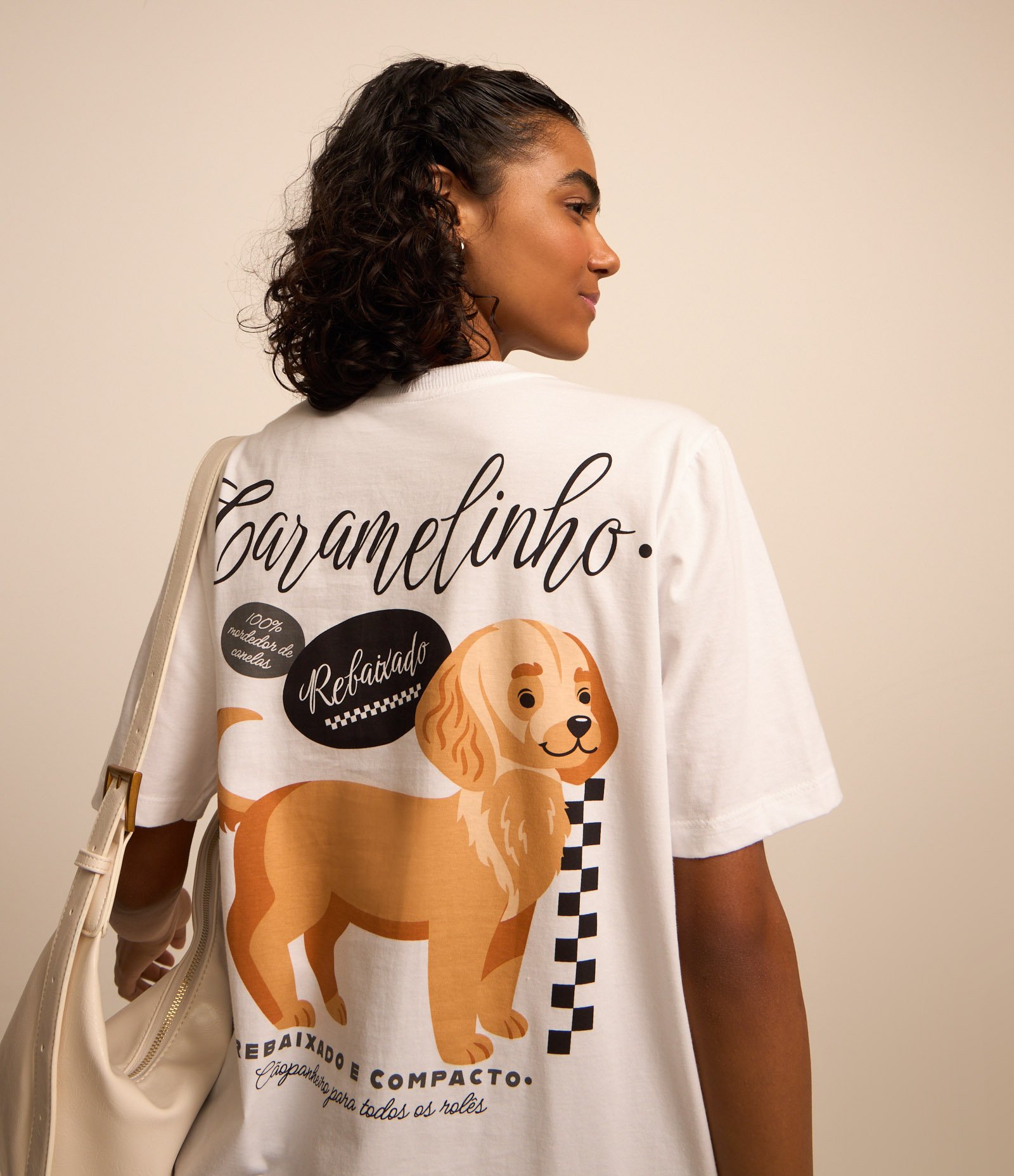 Camiseta Alongada em Algodão com Estampa Caramelinho Rebaixado Branco 1