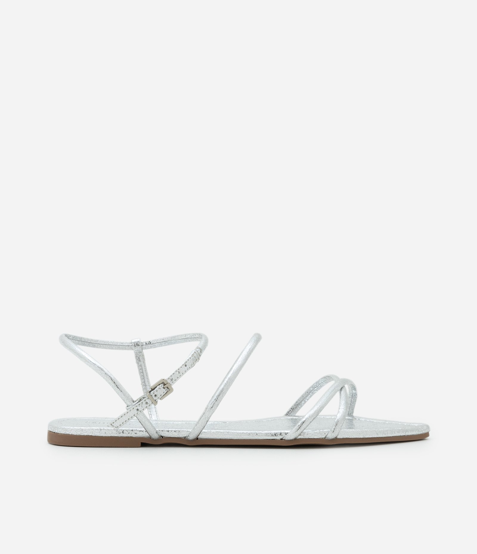 Sandãlia Rasteira em PU com Bico folha e Tiras Prata 1