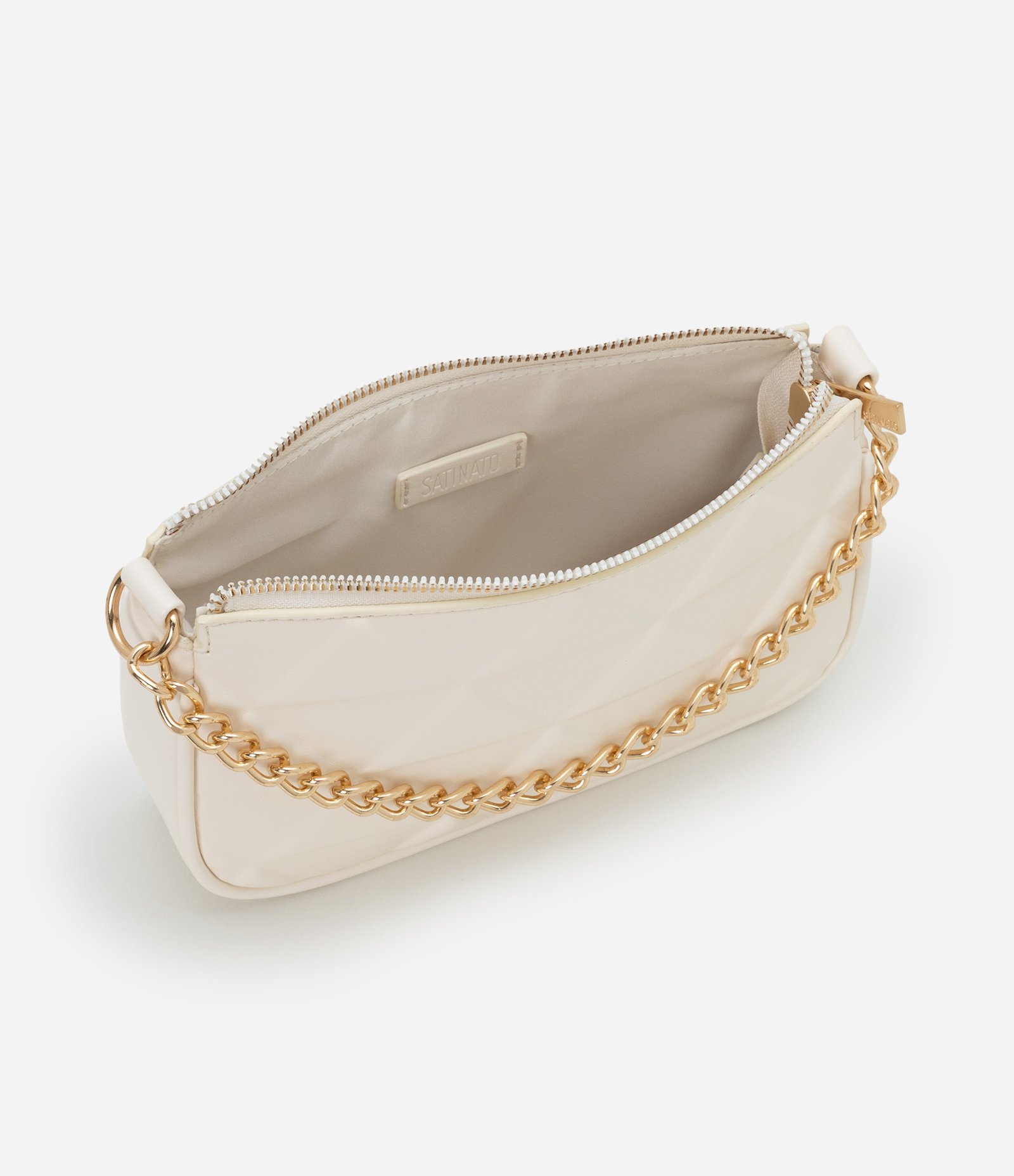 Bolsa Baguete Pequena em PU com Detalhe de Corrente Embossed Off White 5