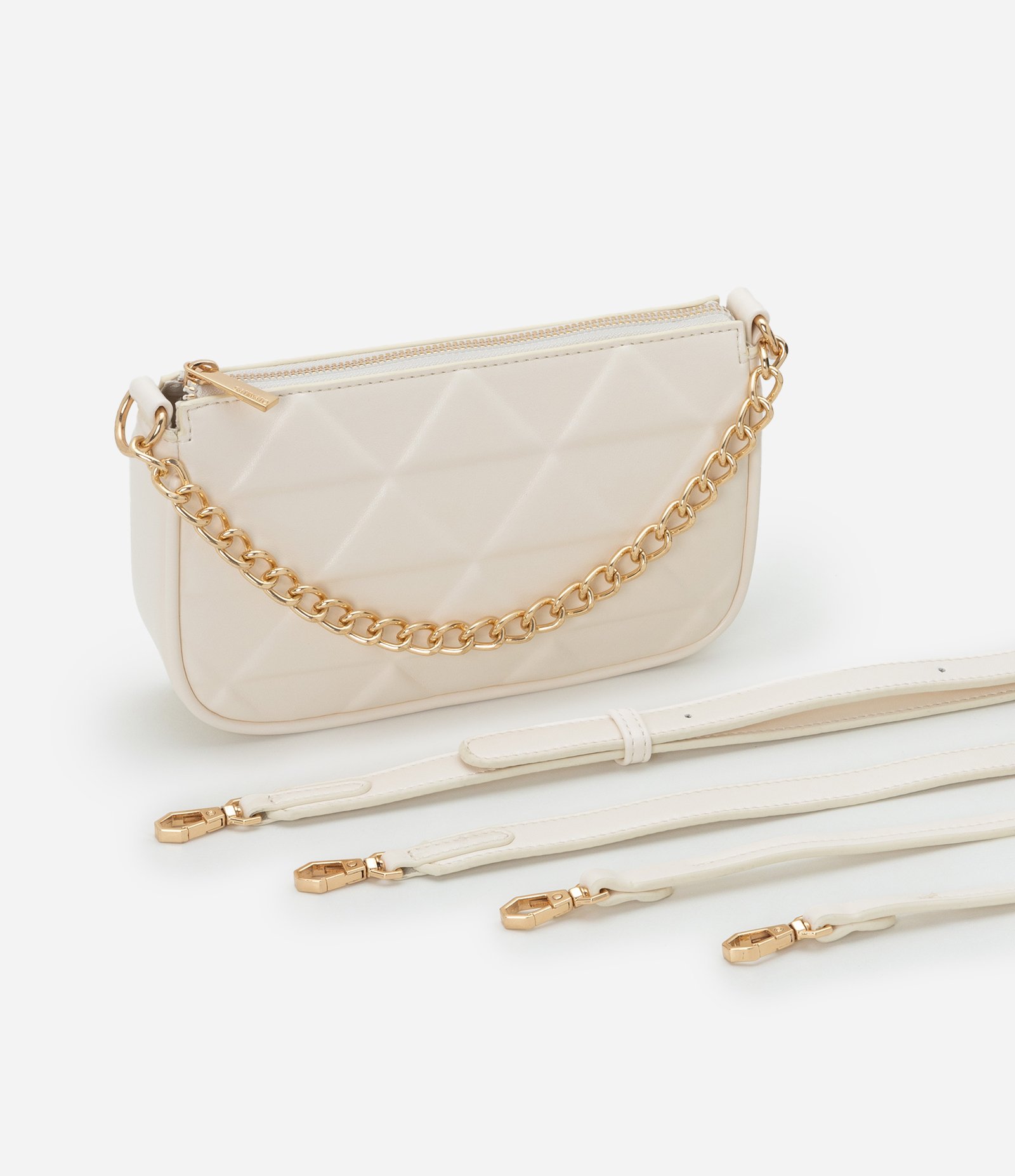 Bolsa Baguete Pequena em PU com Detalhe de Corrente Embossed Off White 6