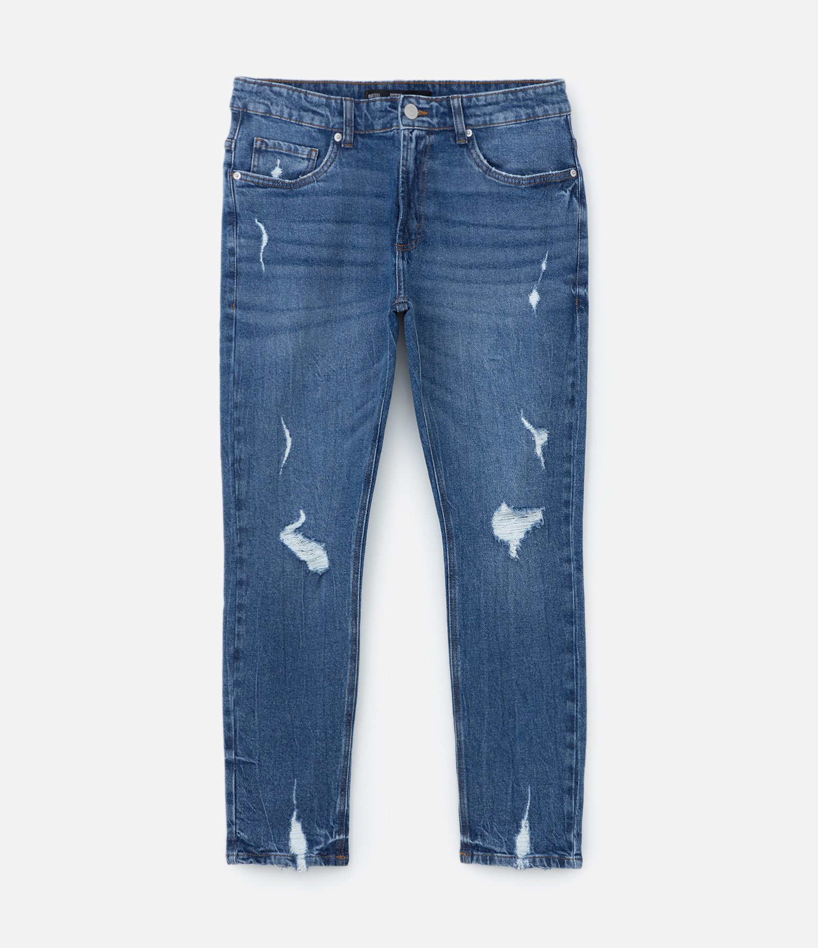 Calça Skinny Cropped em Jeans com Puídos Azul Médio 4