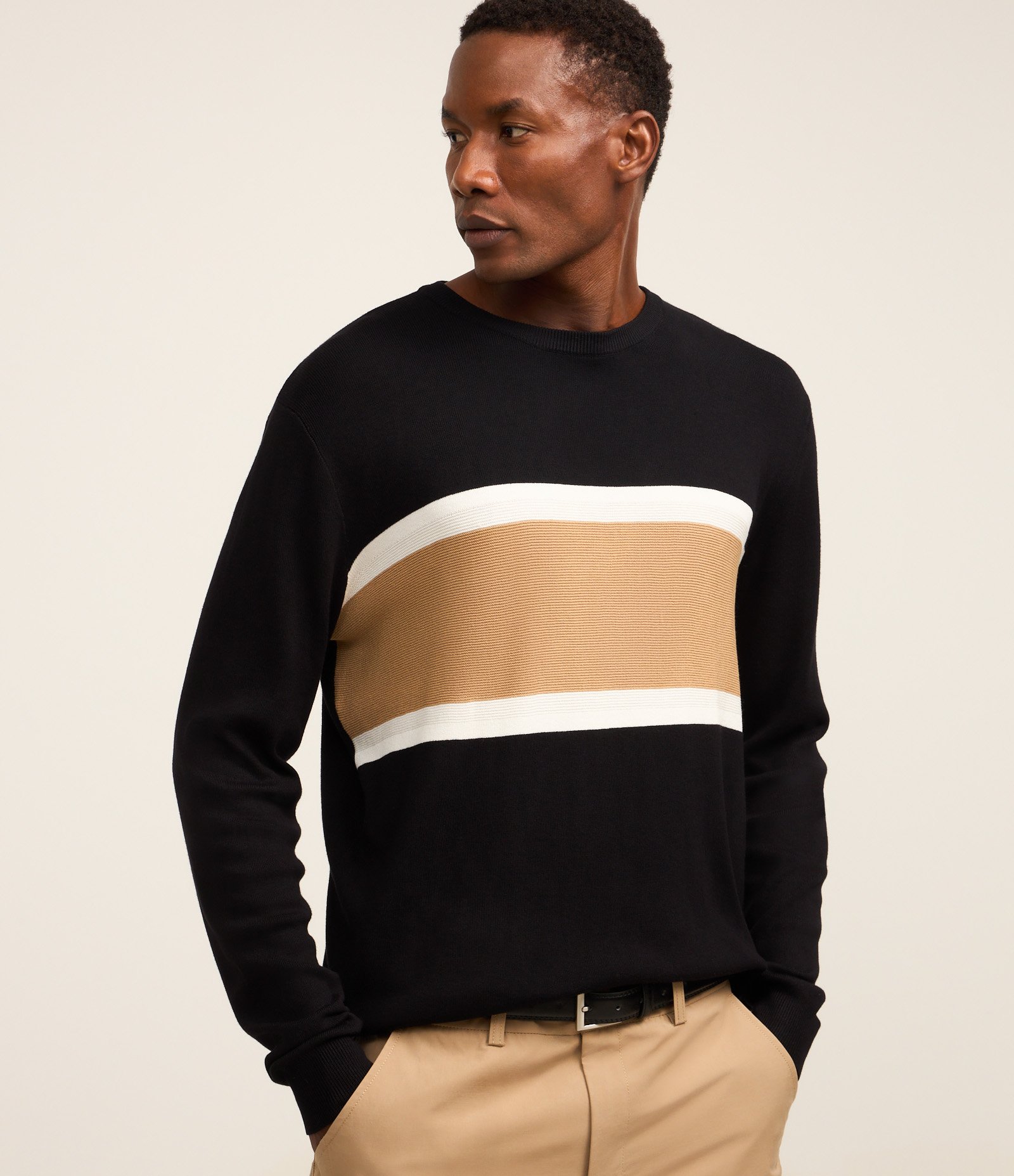 Suéter em Tricô com Bloco de Cor Preto/Bege 1