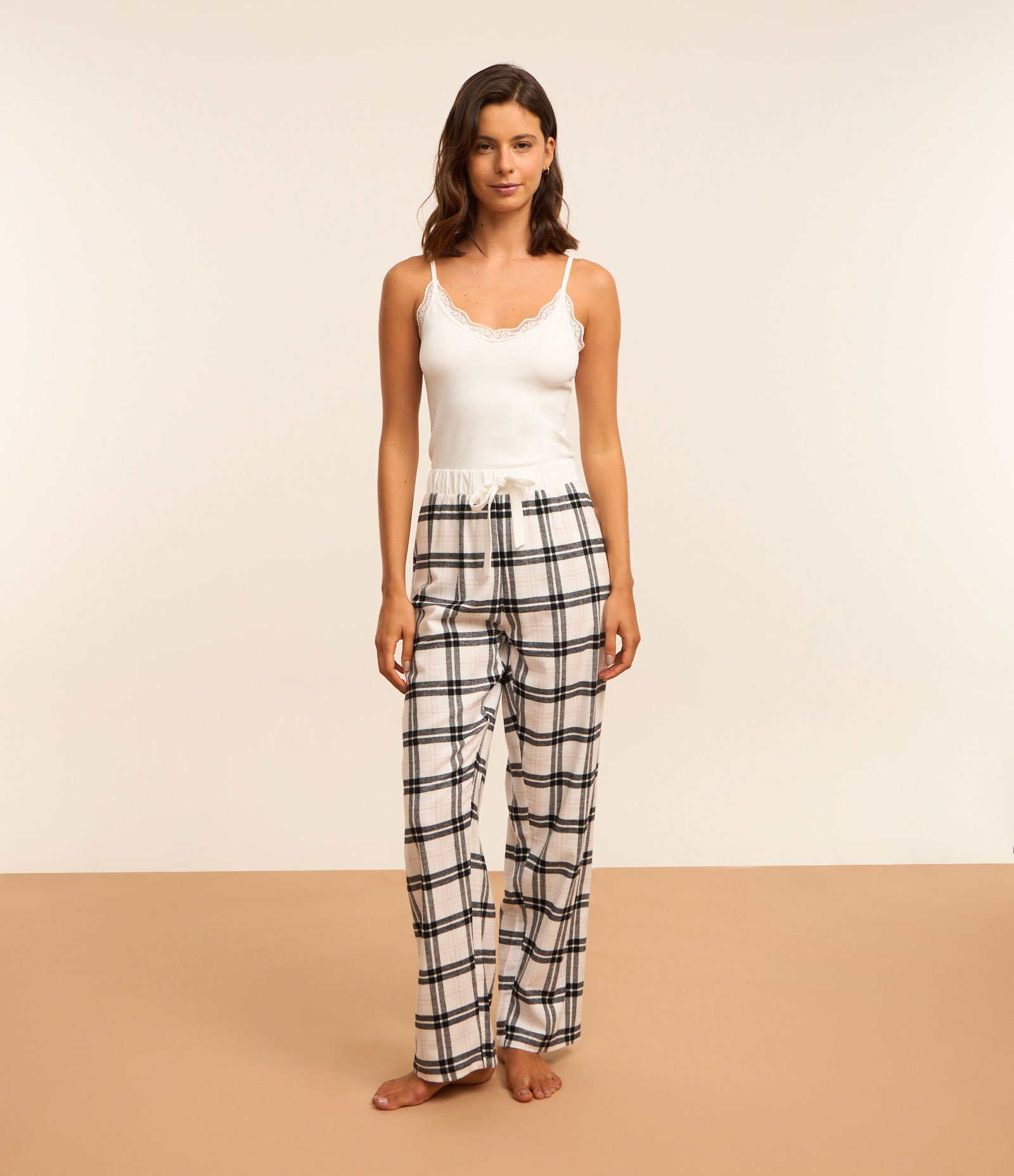 Calça de Pijama em Flanela Xadrez Branco/Preto/Rosa Claro 1