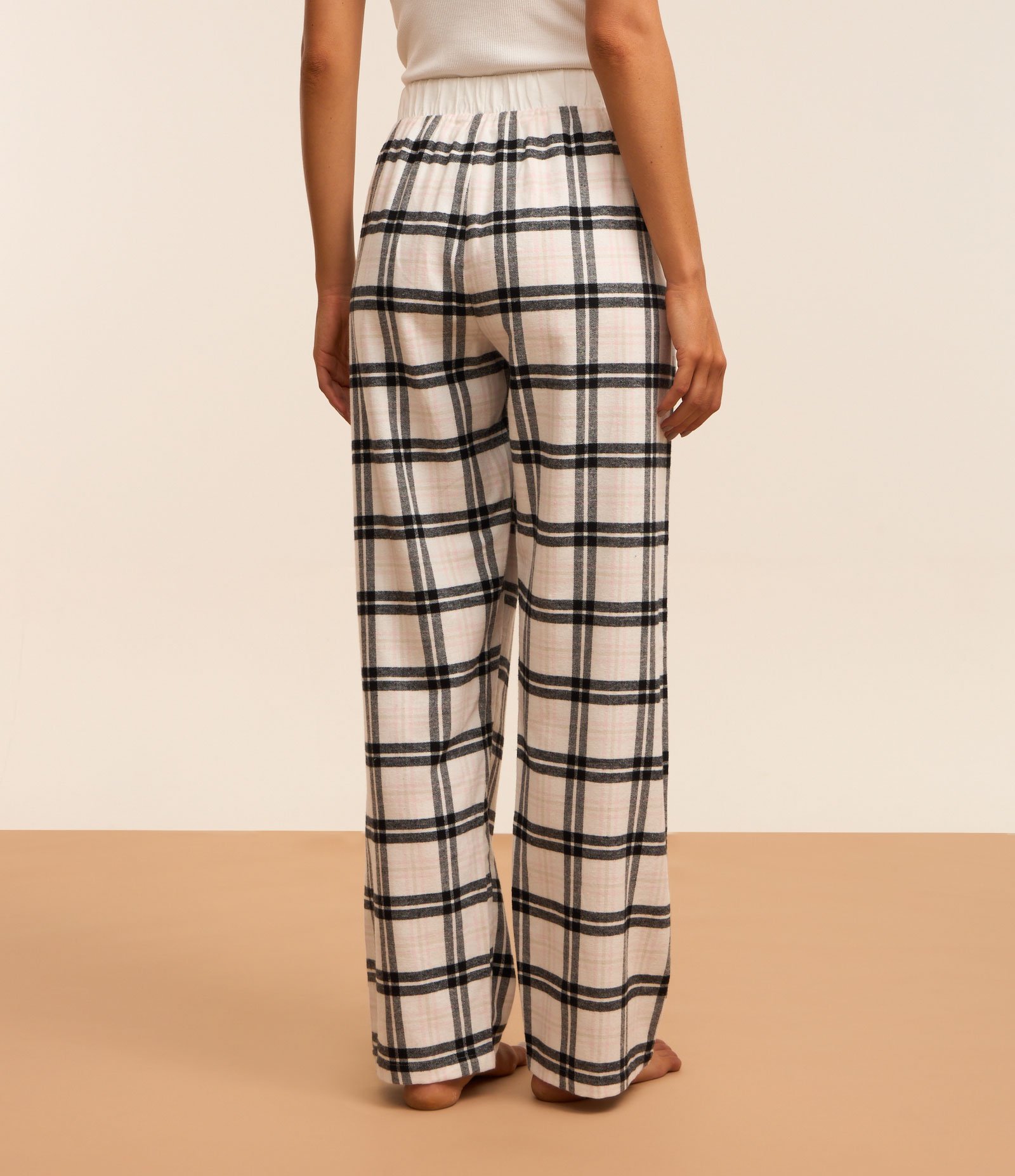 Calça de Pijama em Flanela Xadrez Branco/Preto/Rosa Claro 2