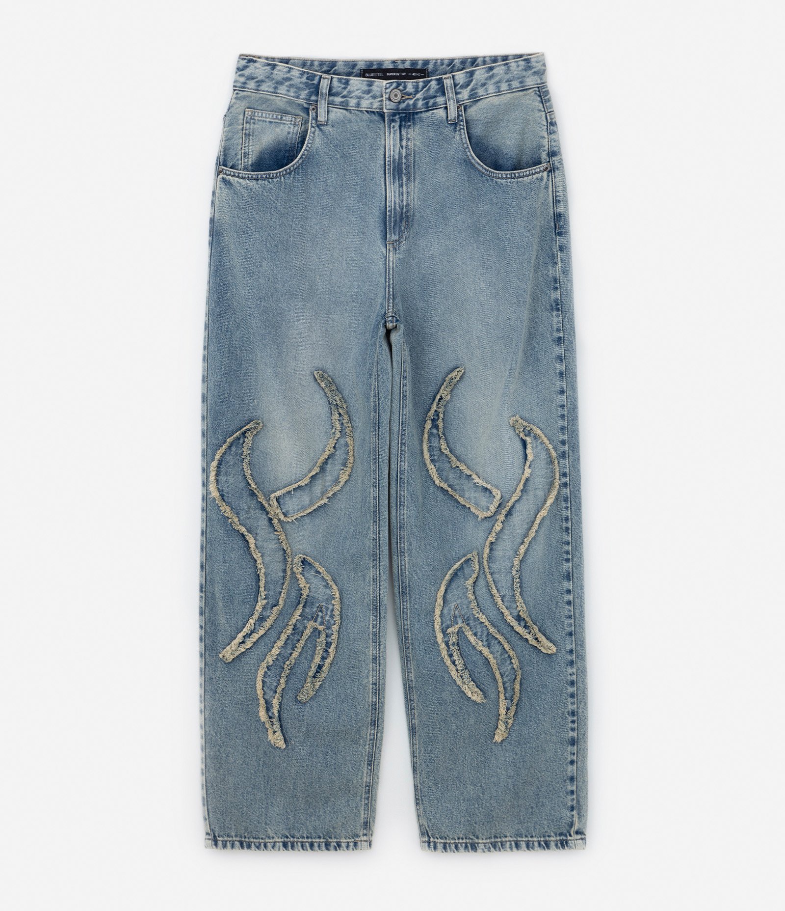 Calça Baggy em Jeans com Bordado Tribal Jeans Médio 6