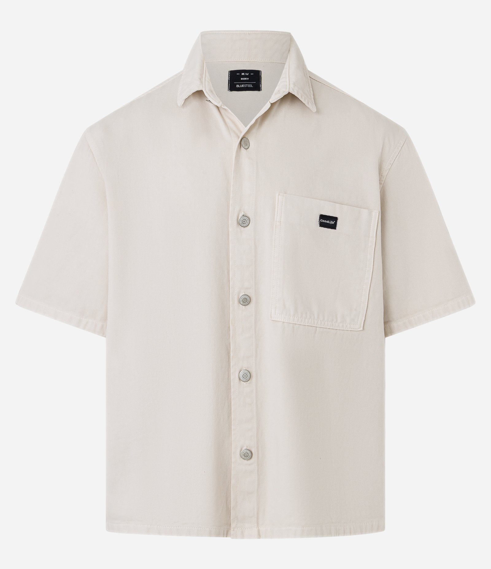 Camisa Boxy em Sarja Estonada com Bolso no Peito Bege 1