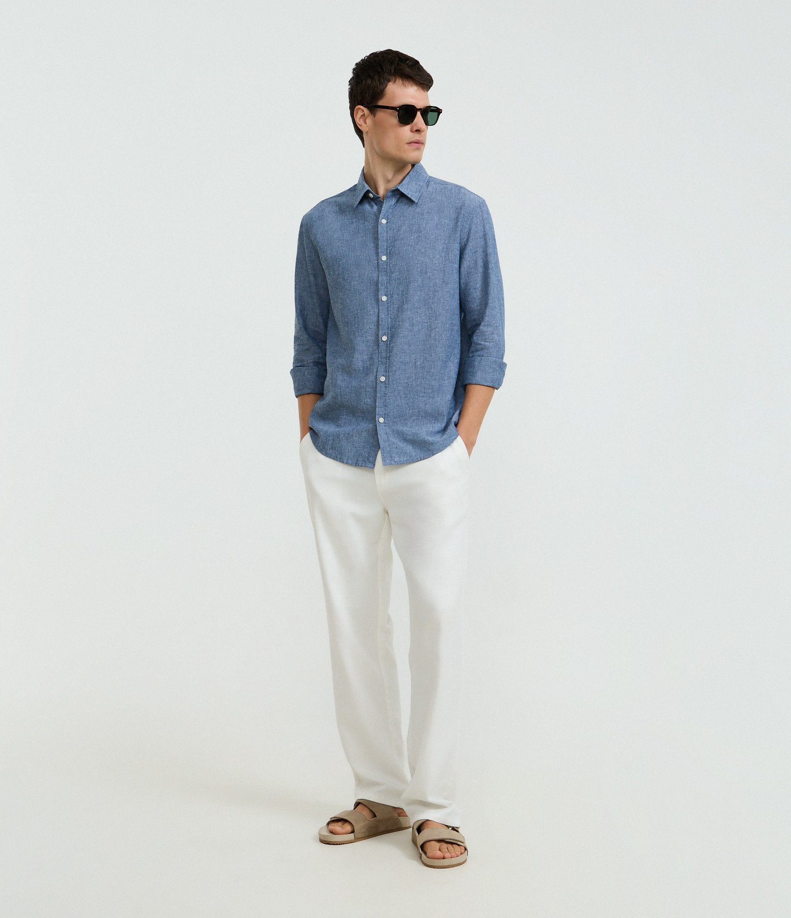 Camisa Regular Básica em Linho com Gola Colarinho Azul Grafite 2