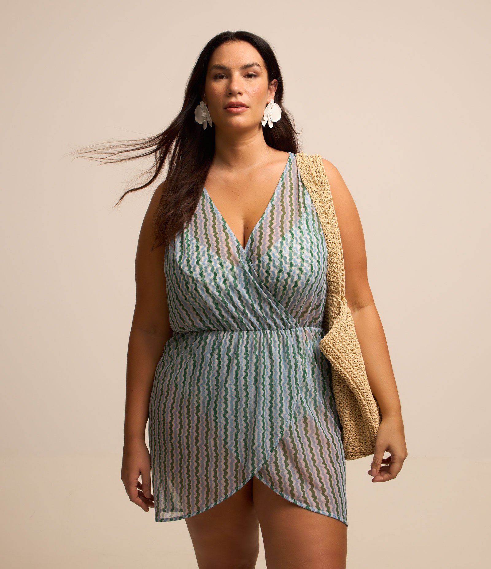 Saída de Praia Vestido em Tule Estampado Curve & Plus Size Verde 1